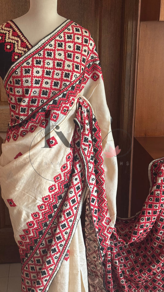 Kutch Embroidery with real mirror work Pure Gaji Tussar silk saree - Halfwhite ,red & black