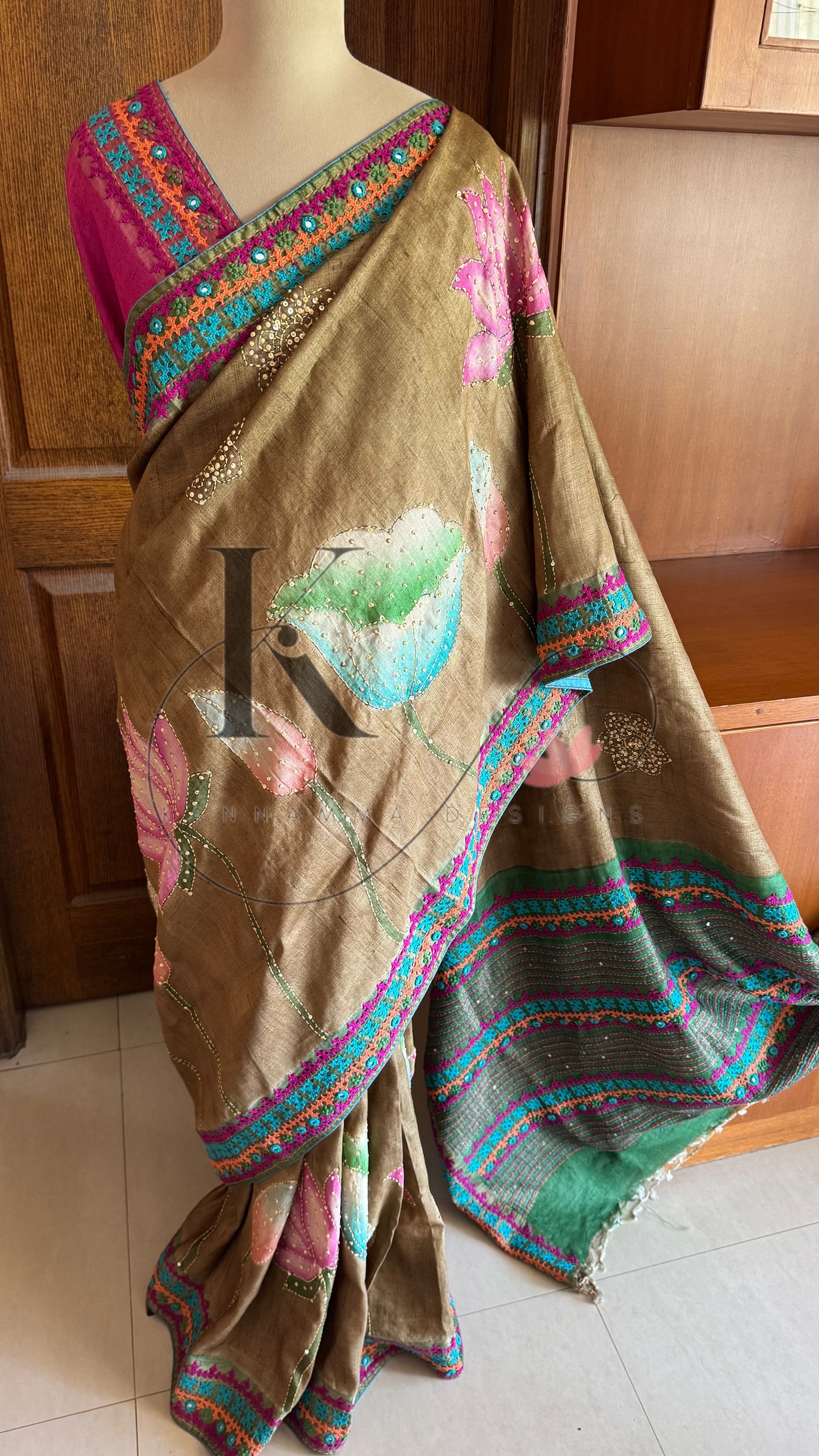 Hand Painted & Kutch Hand Embroidered Pure Tussar Silk Saree - Brown