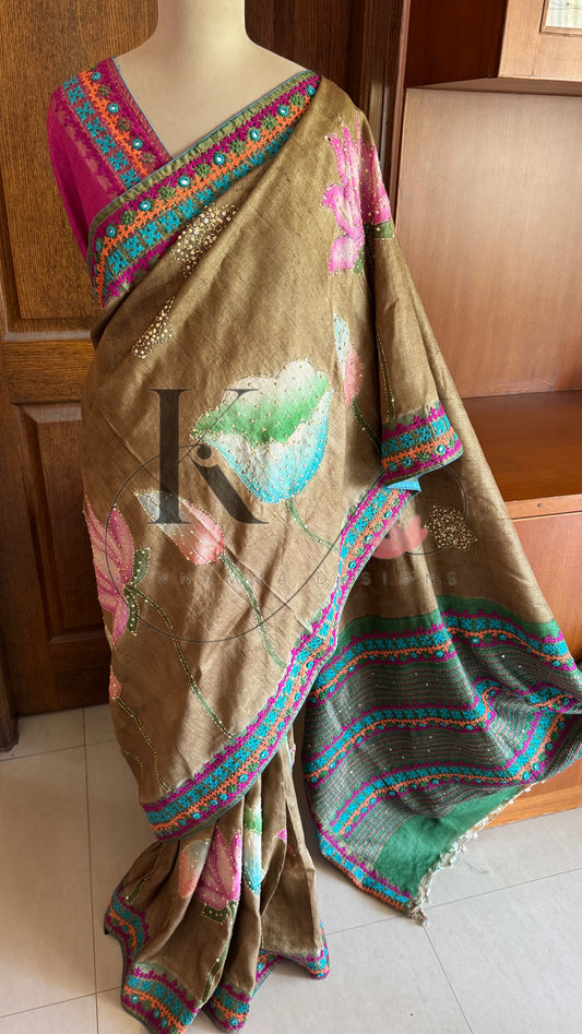 Hand Painted & Kutch Hand Embroidered Pure Tussar Silk Saree - Brown