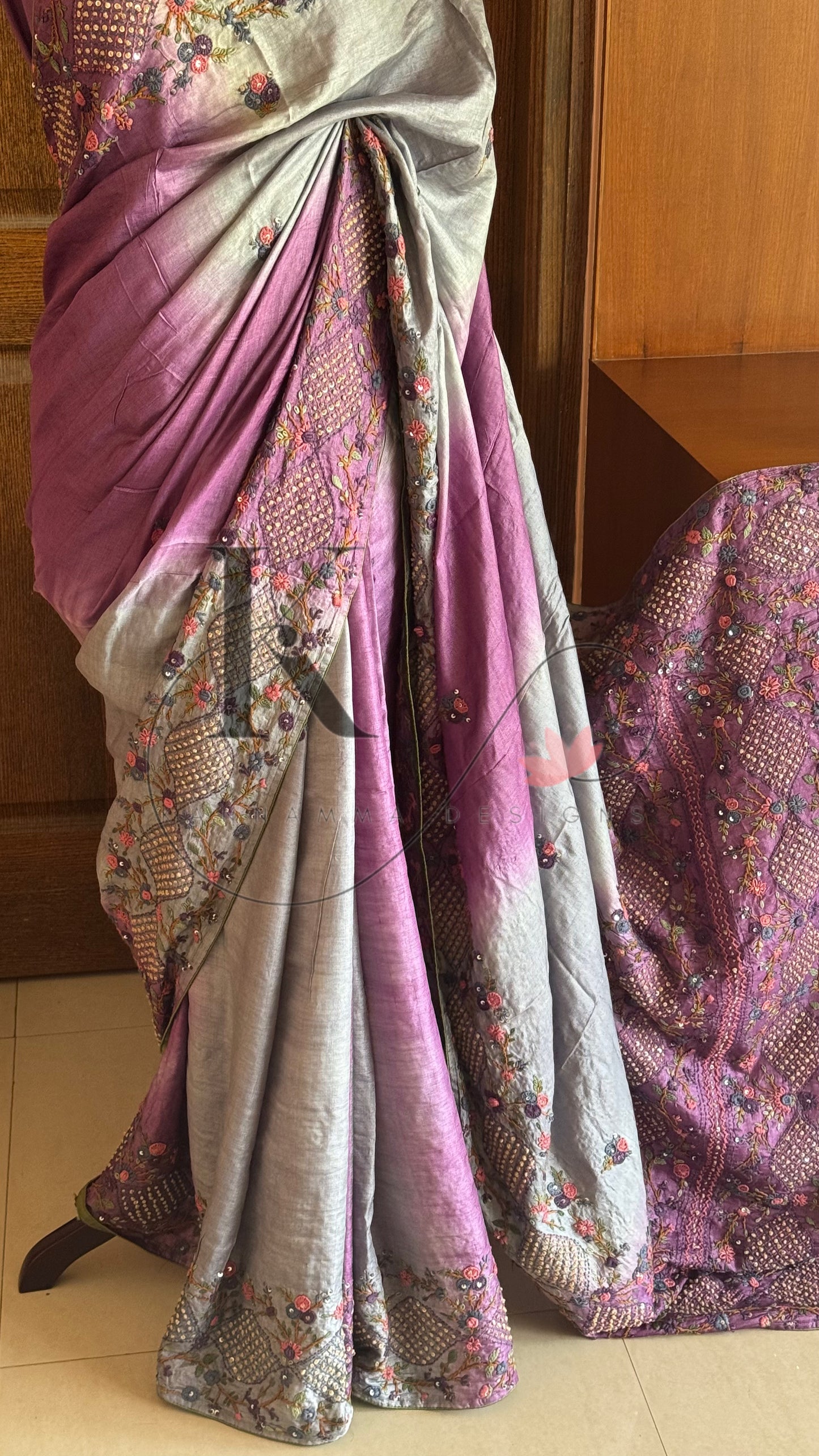 Hand Embroidered Pure Tussar Silk Saree - Grey & Voilet