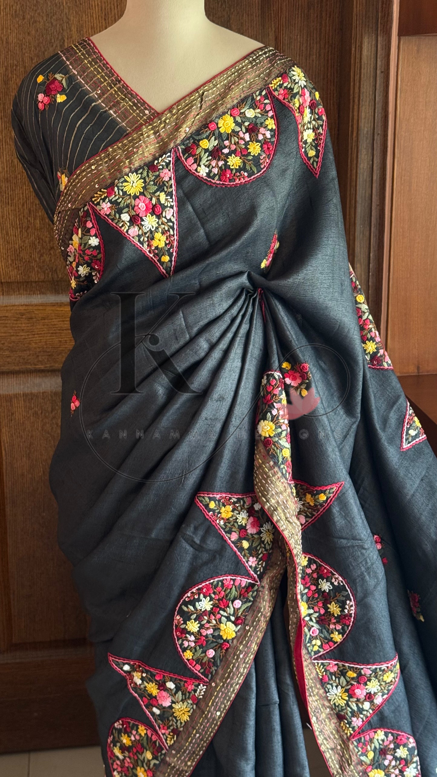Hand Embroidered Pure Tussar Silk Saree - Black