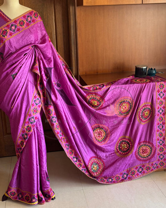 Kutch Embroidery with real mirror work Pure Gaji Tussar Silk Saree - Pink