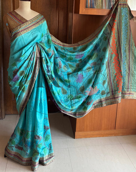 Hand Painted & Hand Embroidered Pure Tussar Silk Saree - Blue
