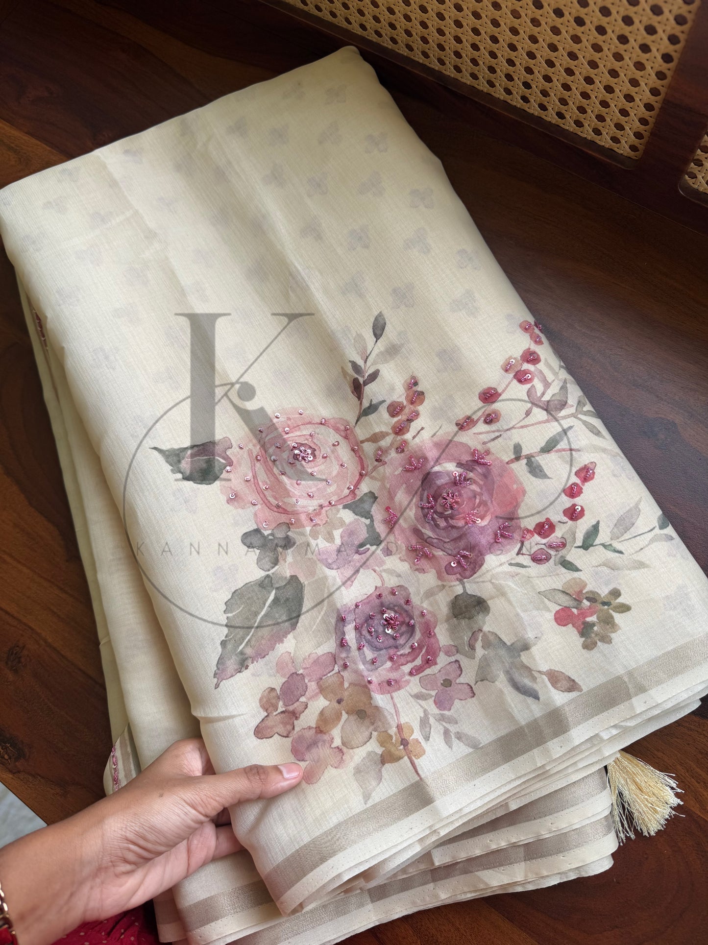 Floral Handwork Linen Chanderi Saree - Half White & Roses