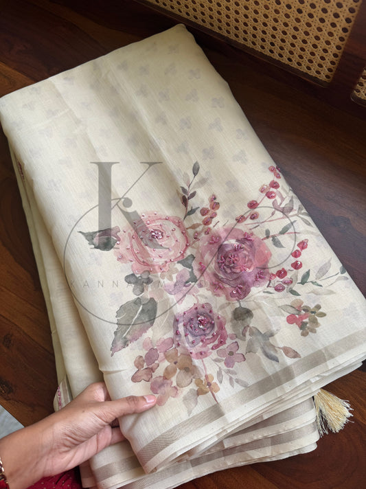 Floral Handwork Linen Chanderi Saree - Half White & Roses
