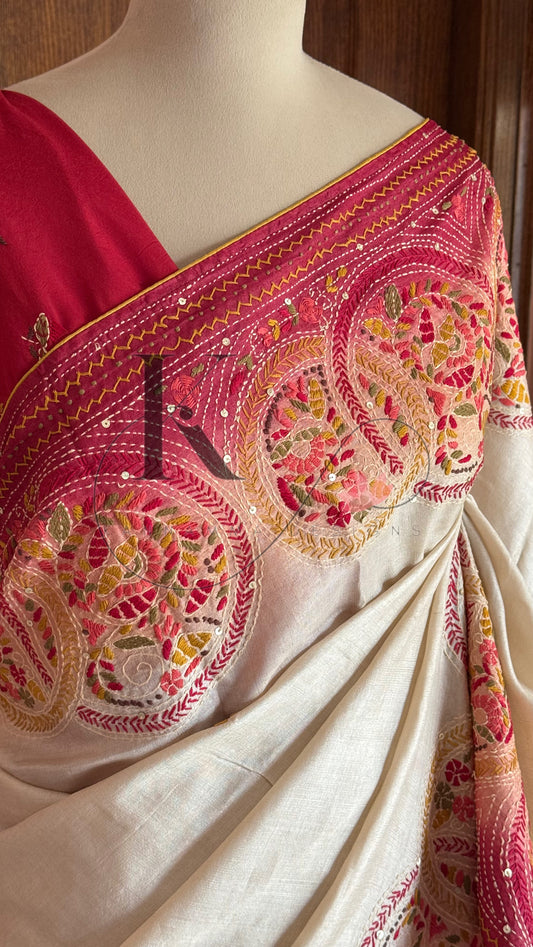 Kathiyawadi Hand Embroidered Pure Gaji Tussar Silk Saree - Halfwhite & Red