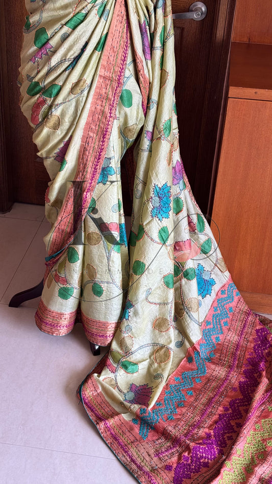Kalamkari and Kutch Hand Embroidered Pure Gaji Tussar Silk Saree - Pastel Green