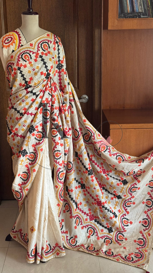 Kutch Embroidery with real mirror work Pure Gaji Tussar Silk Saree - Tussar Beige ,Yellow & Orange
