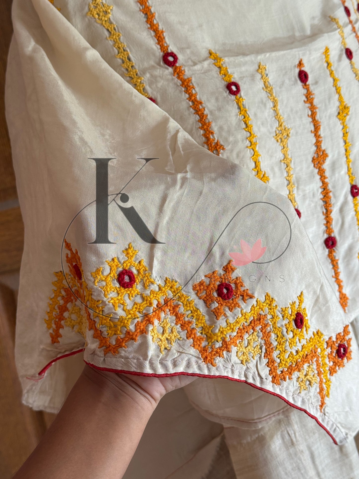 Kutch Embroidery with real mirror work Pure Gaji Tussar Silk Saree - Halfwhite, Yellow & Orange
