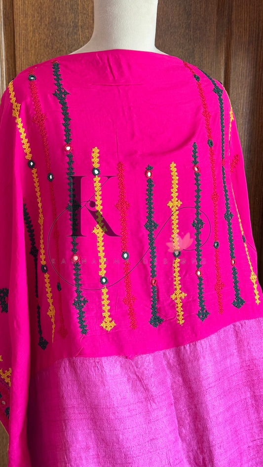 Kutch Embroidery with real mirror work Pure Gaji Tussar - Pink