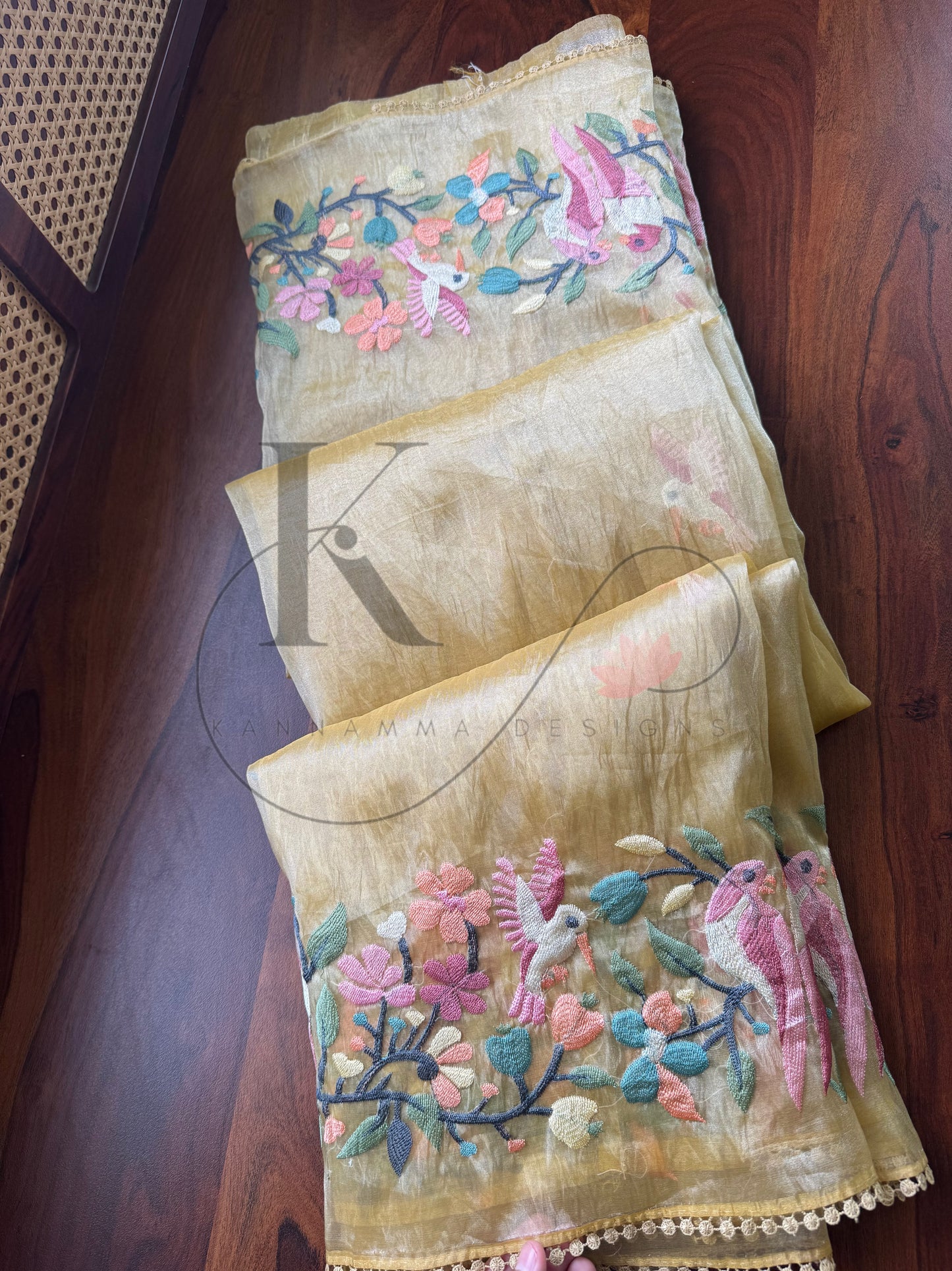 Tissue Organza Bird Saree  - Yellow 2