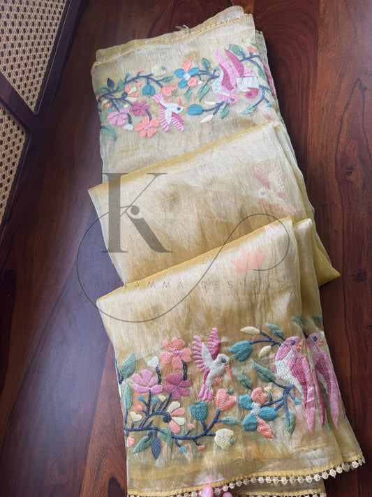 Tissue Organza Bird Saree  - Yellow 2