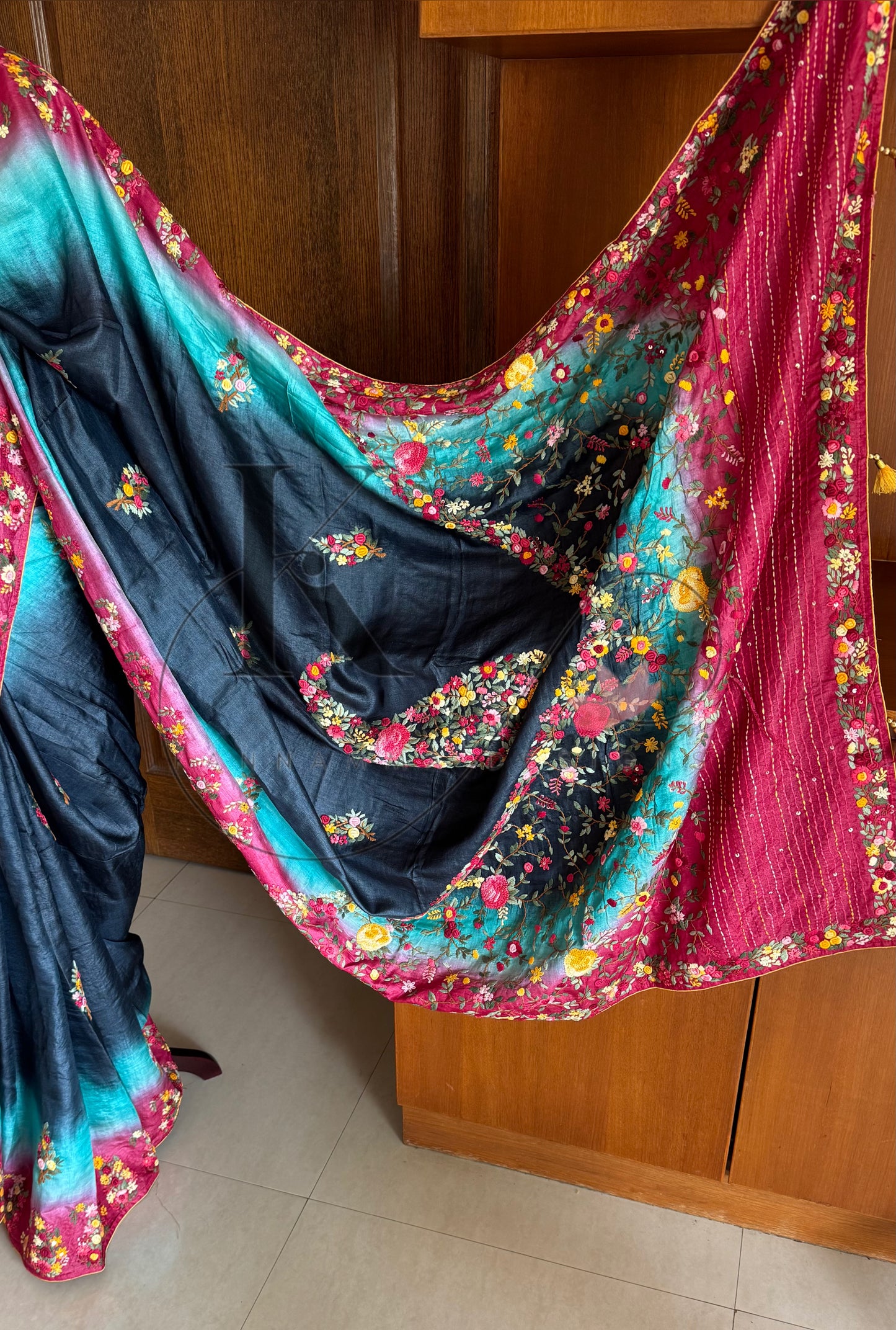 Hand Embroidered Pure Tussar Silk Saree - Black,Red & Blue