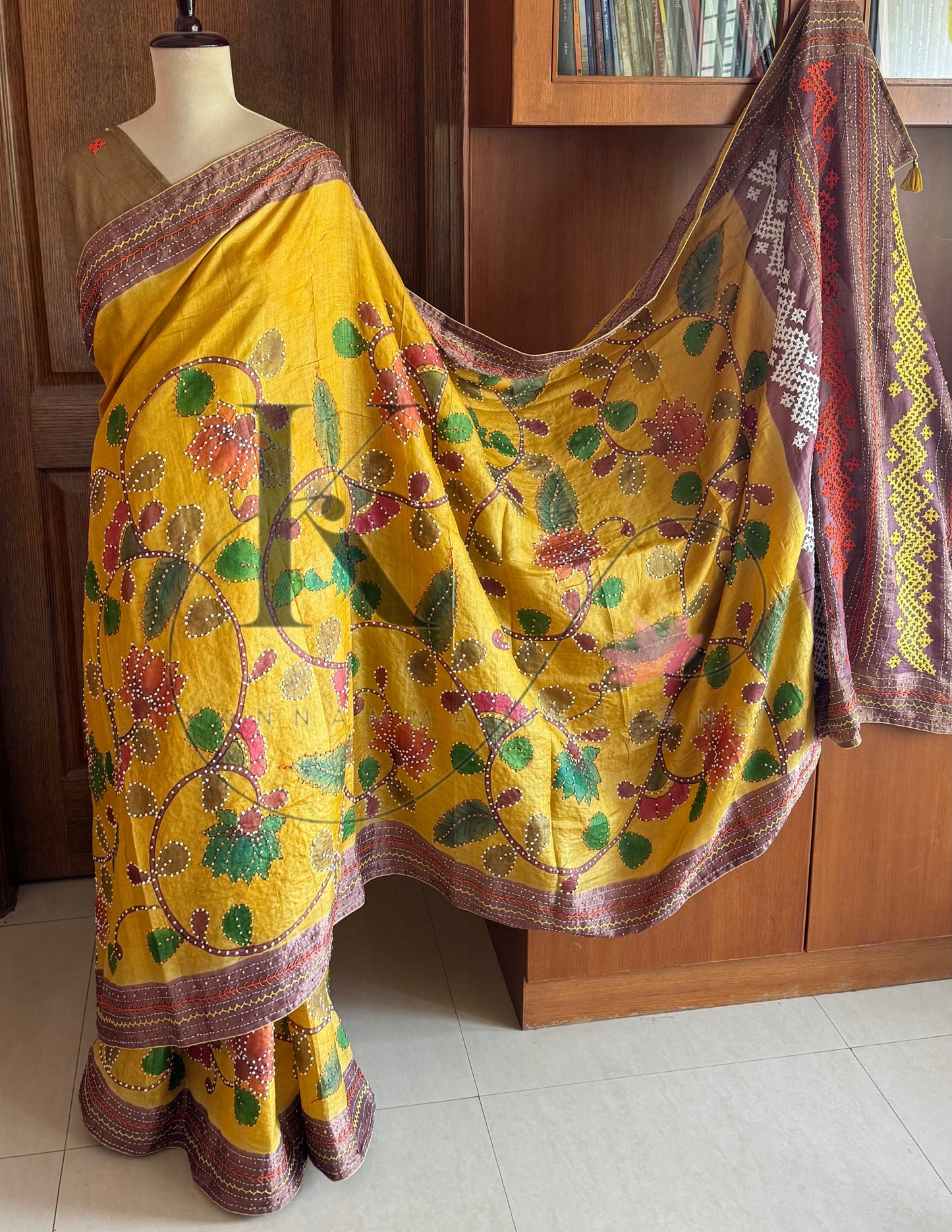 Hand Painted & Hand Embroidered Pure Tussar Silk Saree - Yellow & Mauve Brown