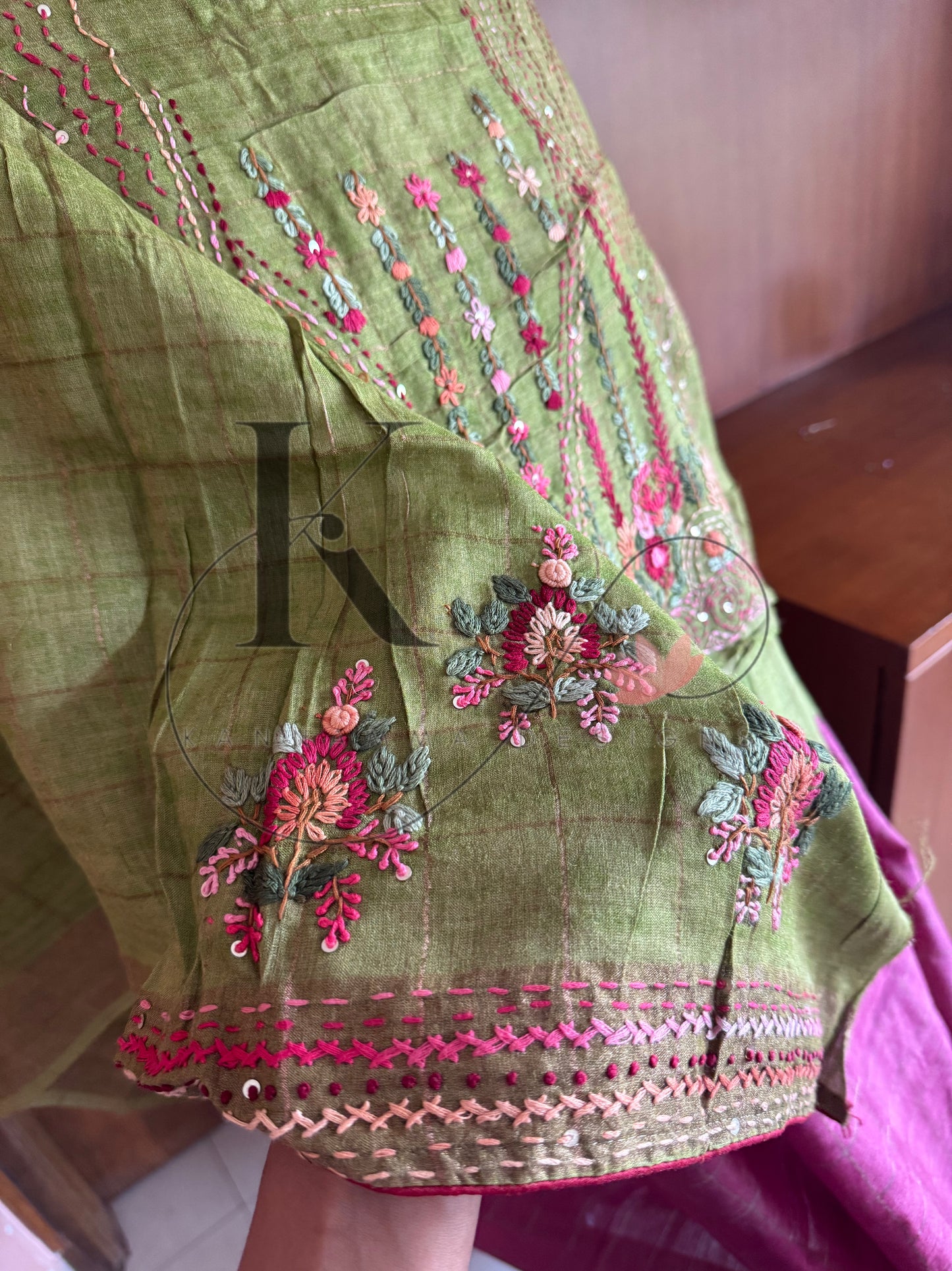 Hand Embroidered Pure Tussar Silk Saree - Pink & Green
