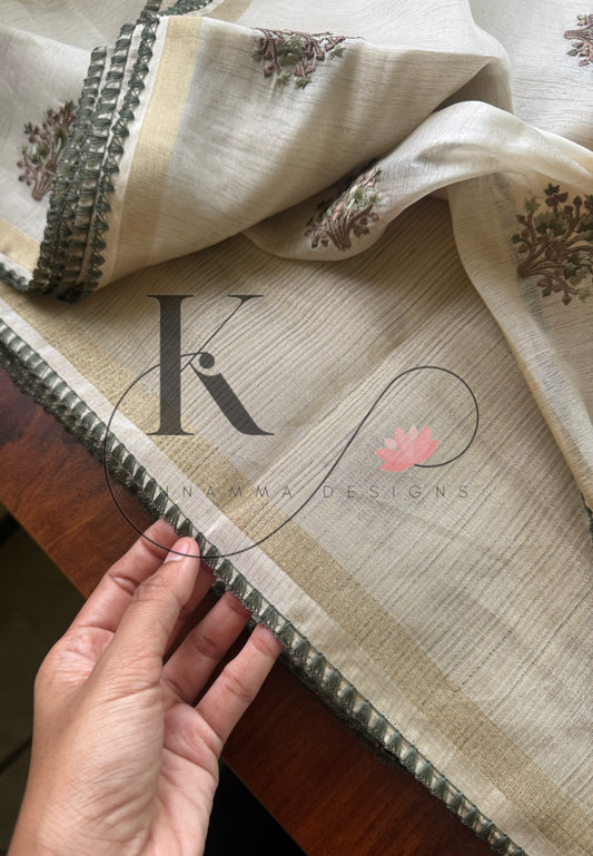 Mul Chanderi Tissue Saree - Cream & Green