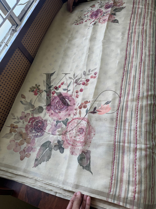 Floral Handwork Linen Chanderi Saree - Half White & Roses