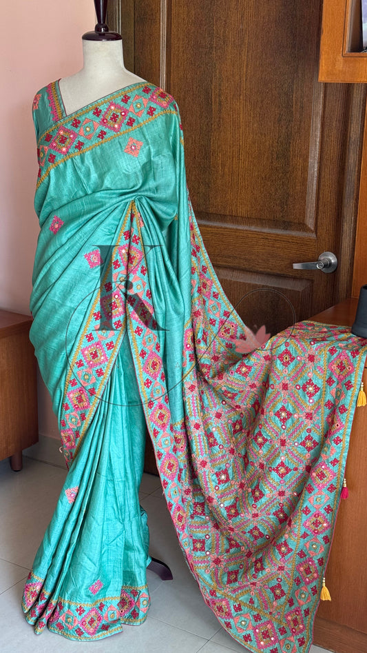 Kutch Embroidery with real mirror work Pure Gaji Tussar Silk Saree - Green