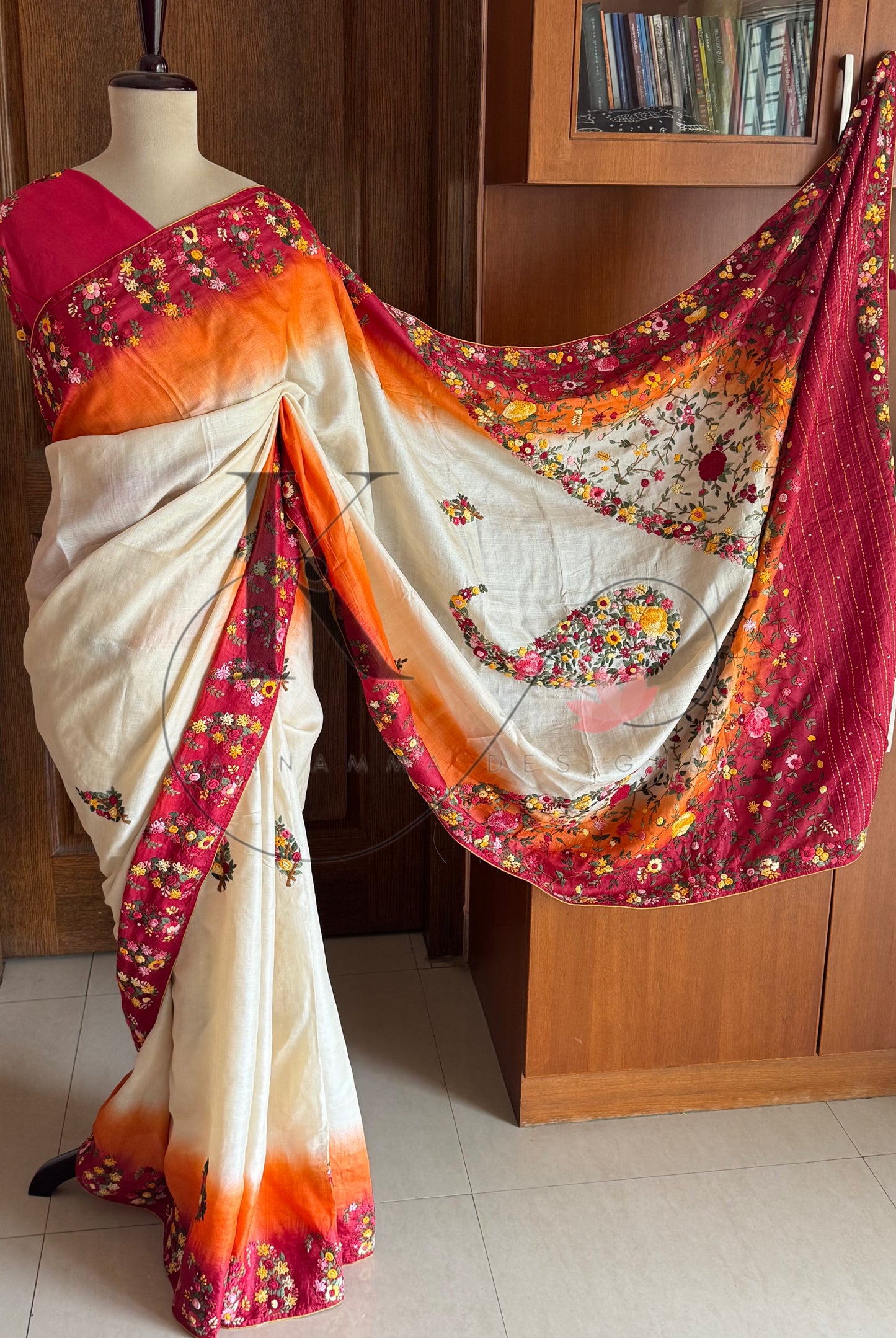 Hand Embroidered Pure Tussar Silk Saree - Halfwhite,Red & Orange
