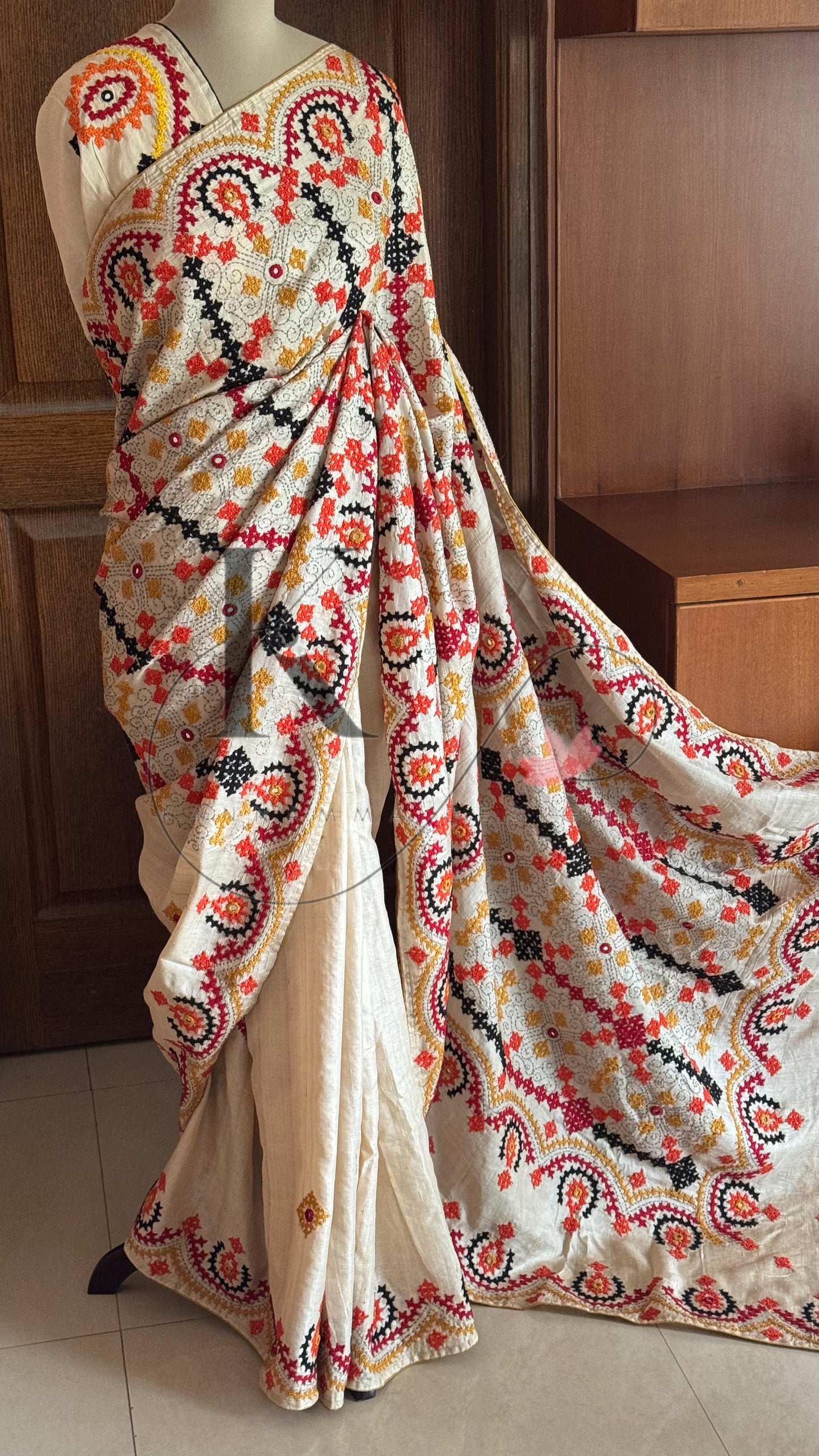 Kutch Embroidery with real mirror work Pure Gaji Tussar Silk Saree - Tussar Beige ,Yellow & Orange