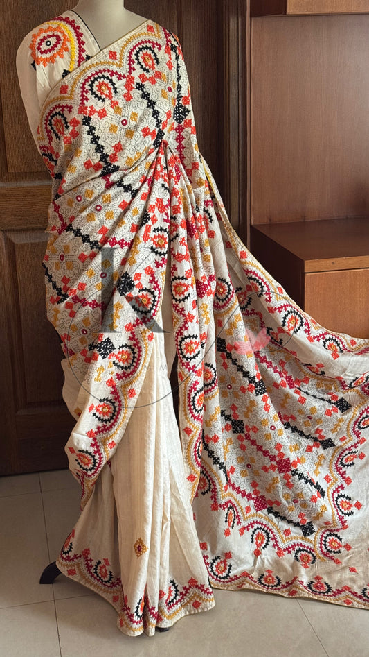 Kutch Embroidery with real mirror work Pure Gaji Tussar Silk Saree - Tussar Beige ,Yellow & Orange