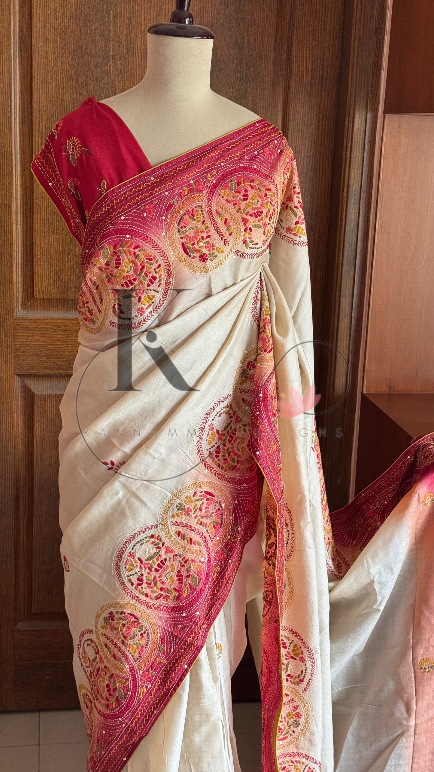 Kathiyawadi Hand Embroidered Pure Gaji Tussar Silk Saree - Halfwhite & Red