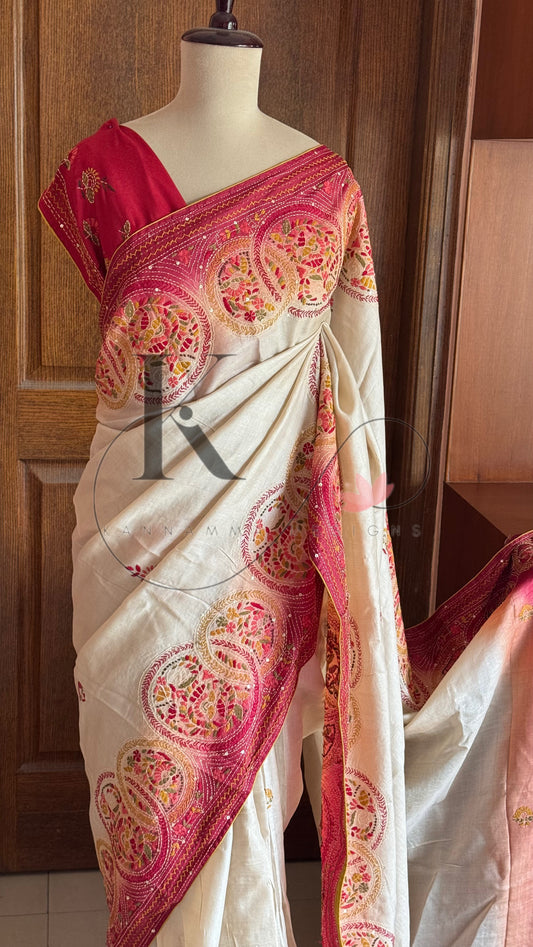Kathiyawadi Hand Embroidered Pure Gaji Tussar Silk Saree - Halfwhite & Red