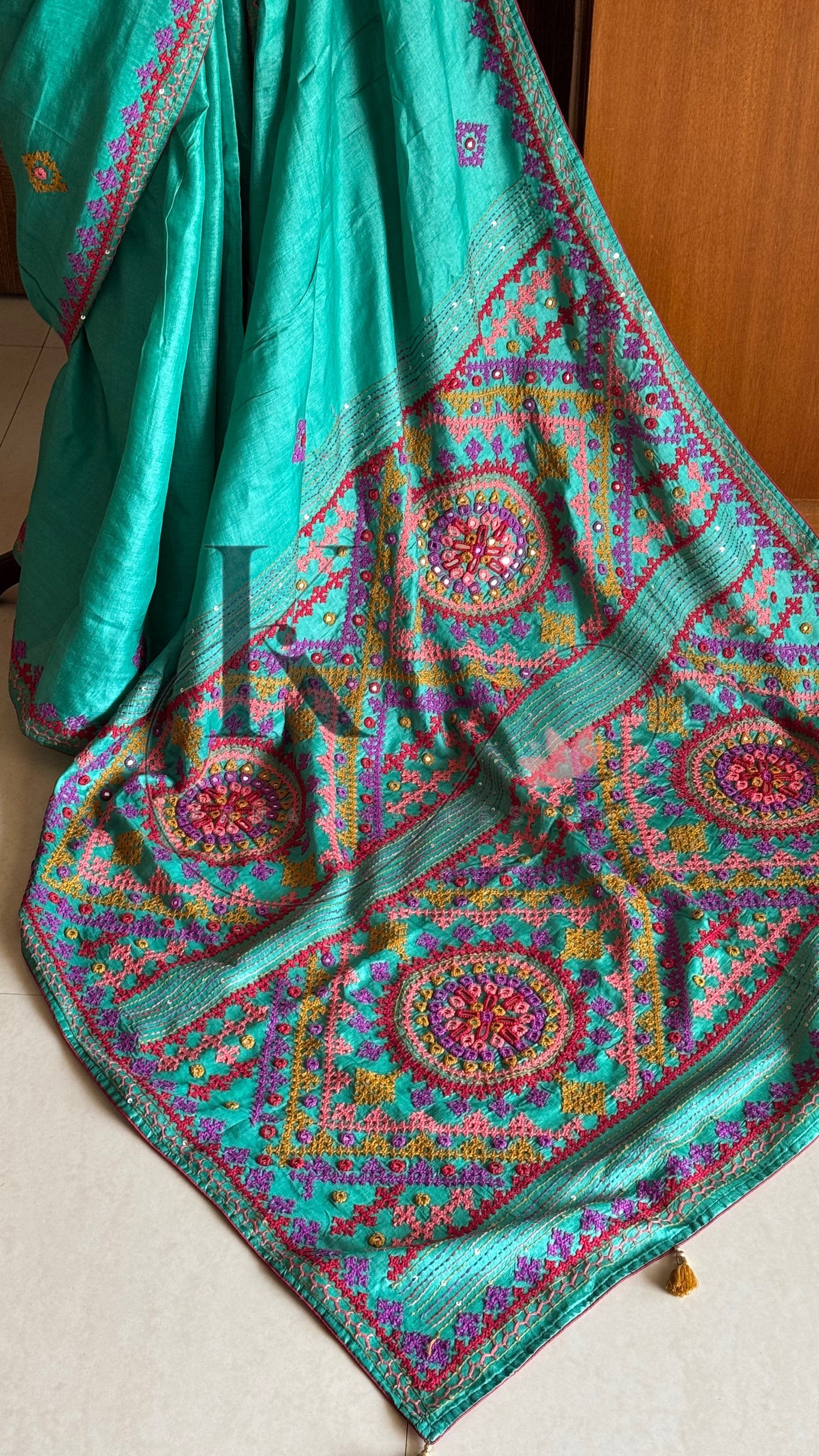 Kutch Embroidery with real mirror work Pure Gaji Tussar Silk Saree - Green