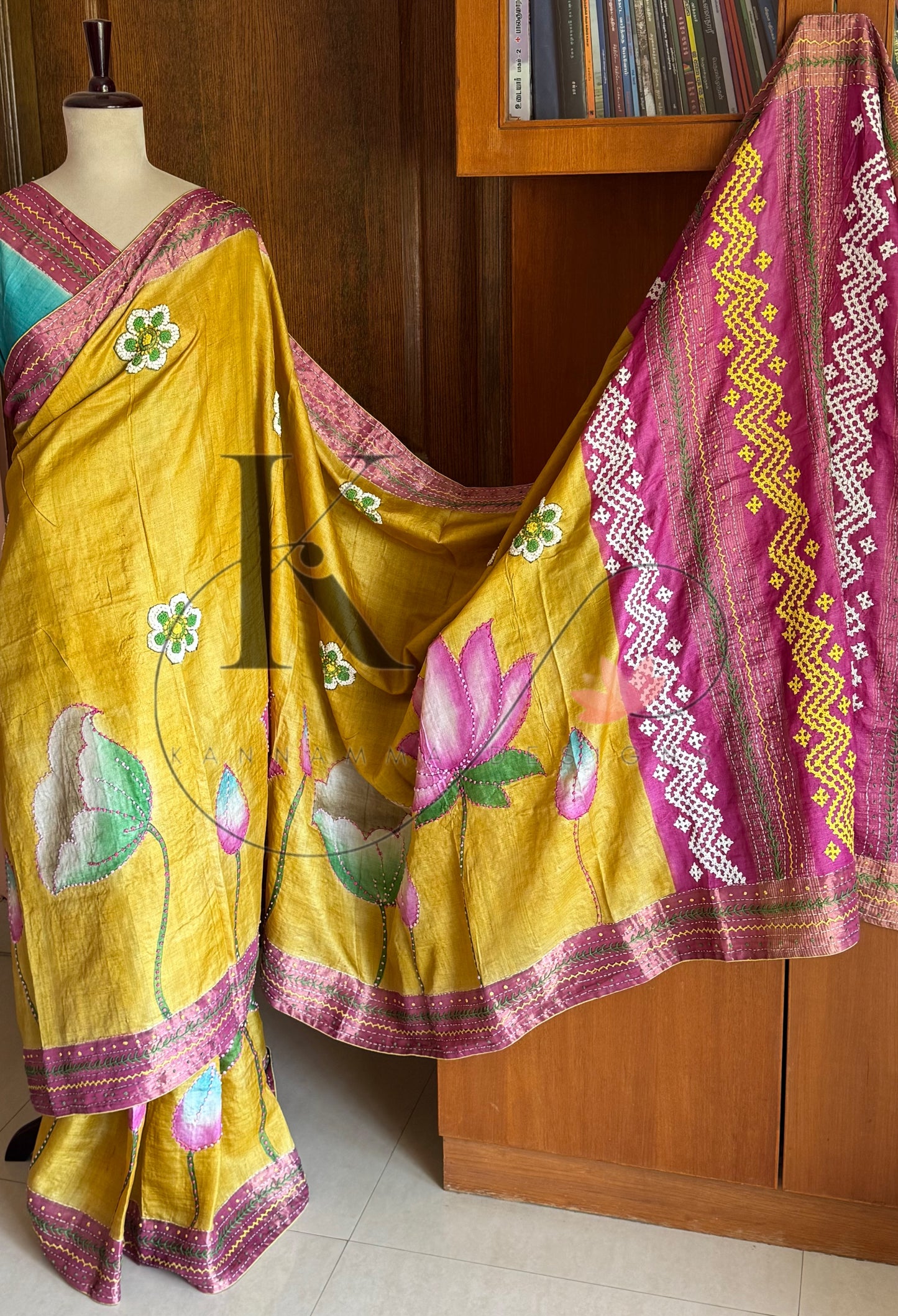 Hand Painted & Hand Embroidered Pure Gaji Tussar Silk Saree - Yellow