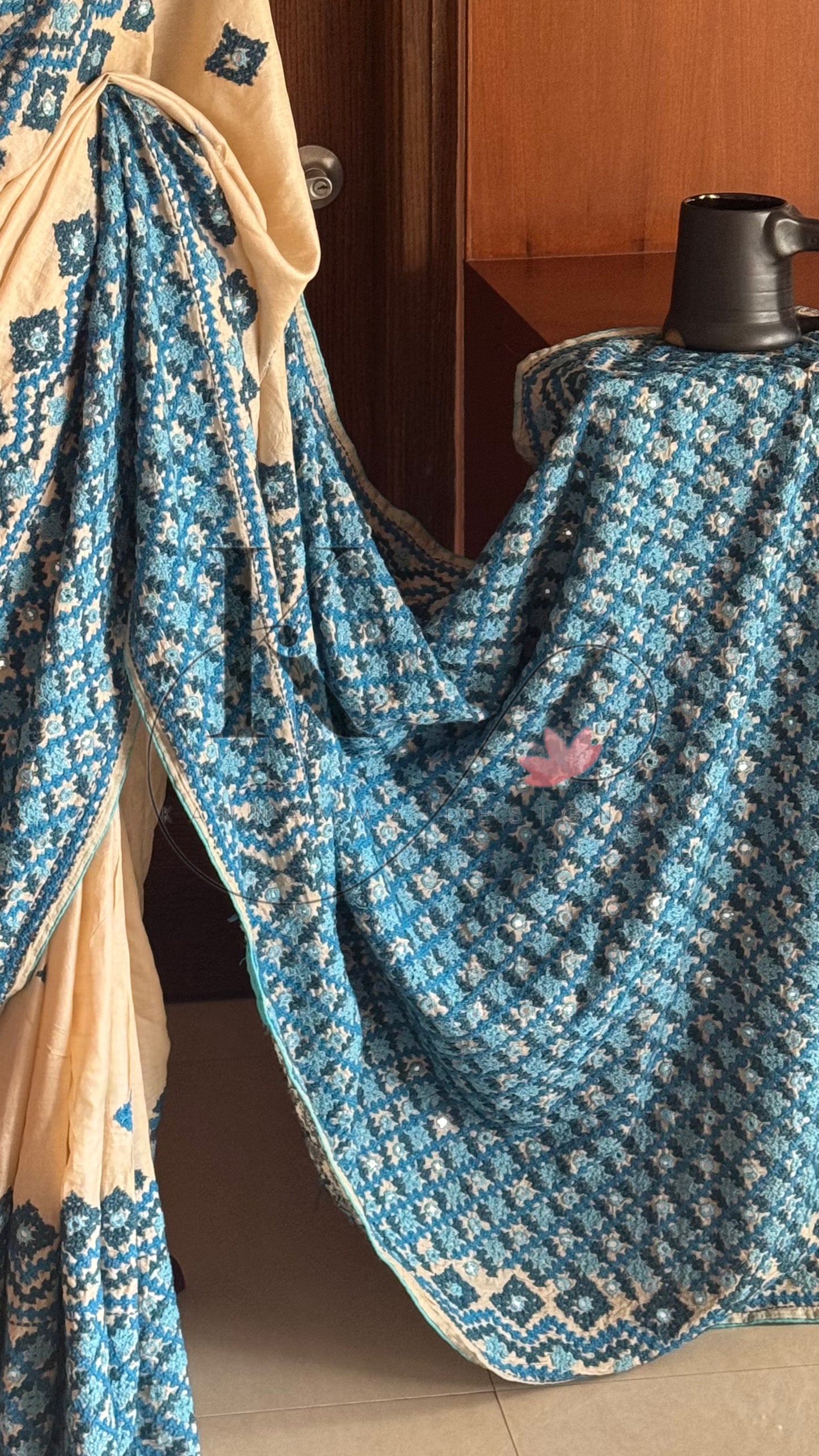 Kutch Embroidery with real mirror work Pure Gaji Tussar Silk Saree - Halfwhite & Blue
