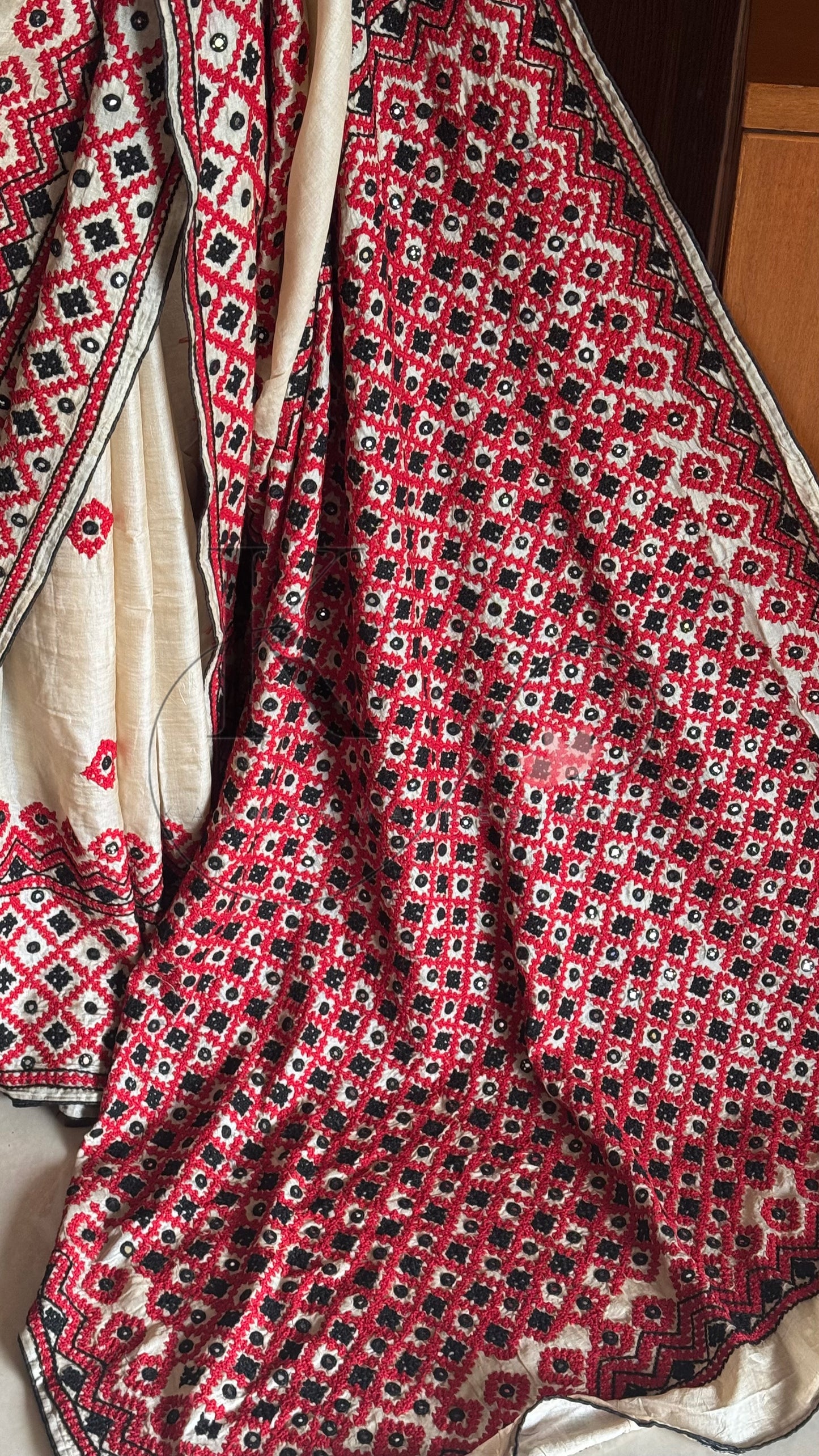Kutch Embroidery with real mirror work Pure Gaji Tussar silk saree - Halfwhite ,red & black