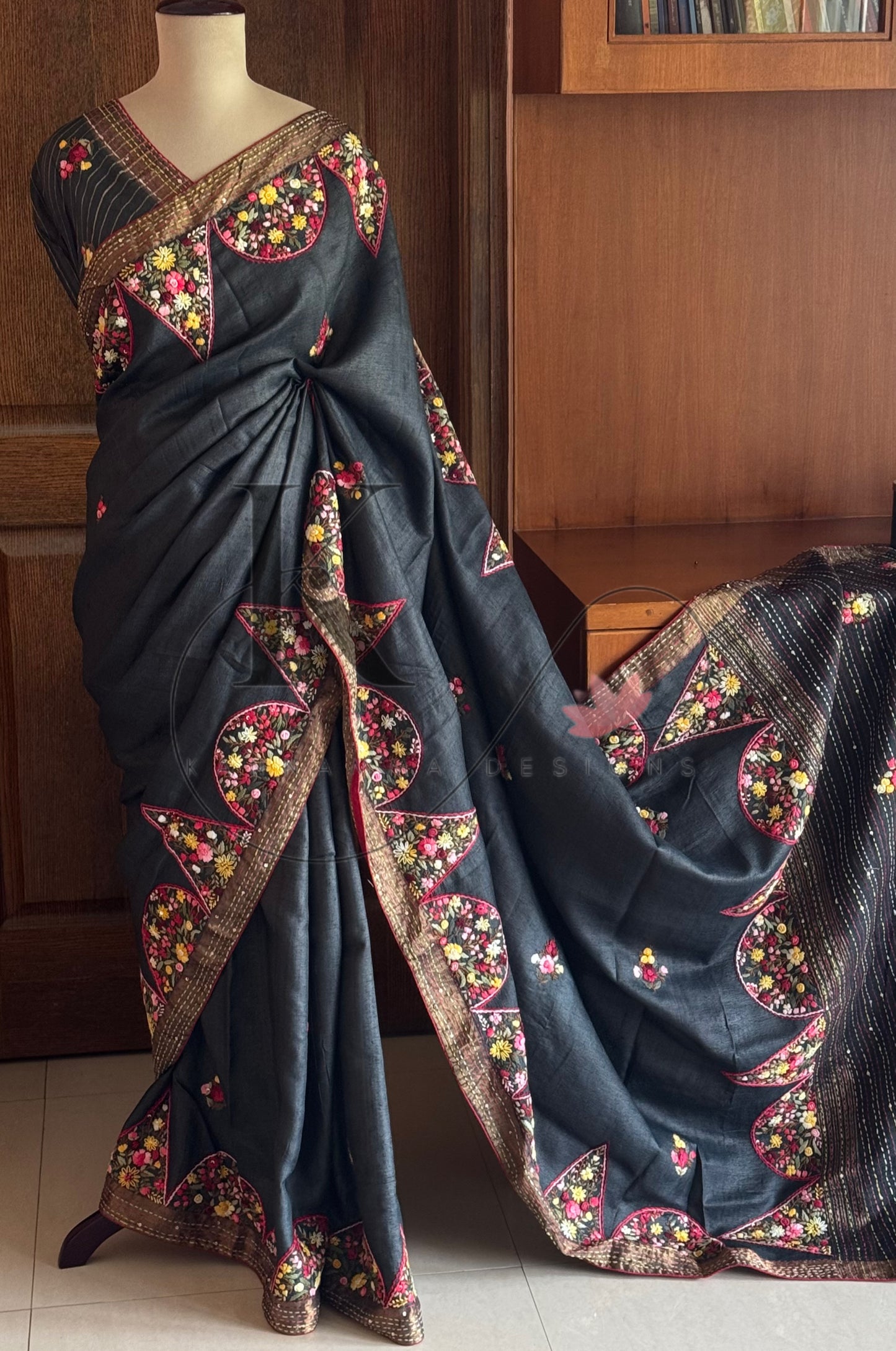 Hand Embroidered Pure Tussar Silk Saree - Black