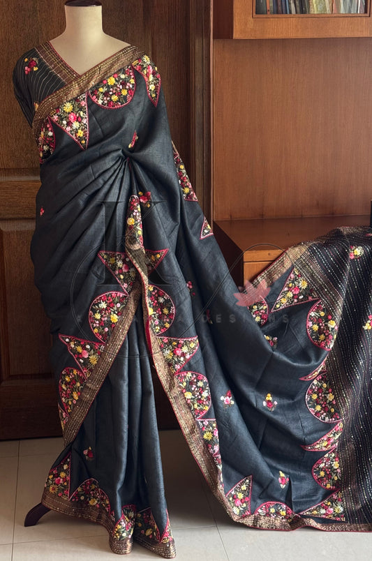 Hand Embroidered Pure Tussar Silk Saree - Black