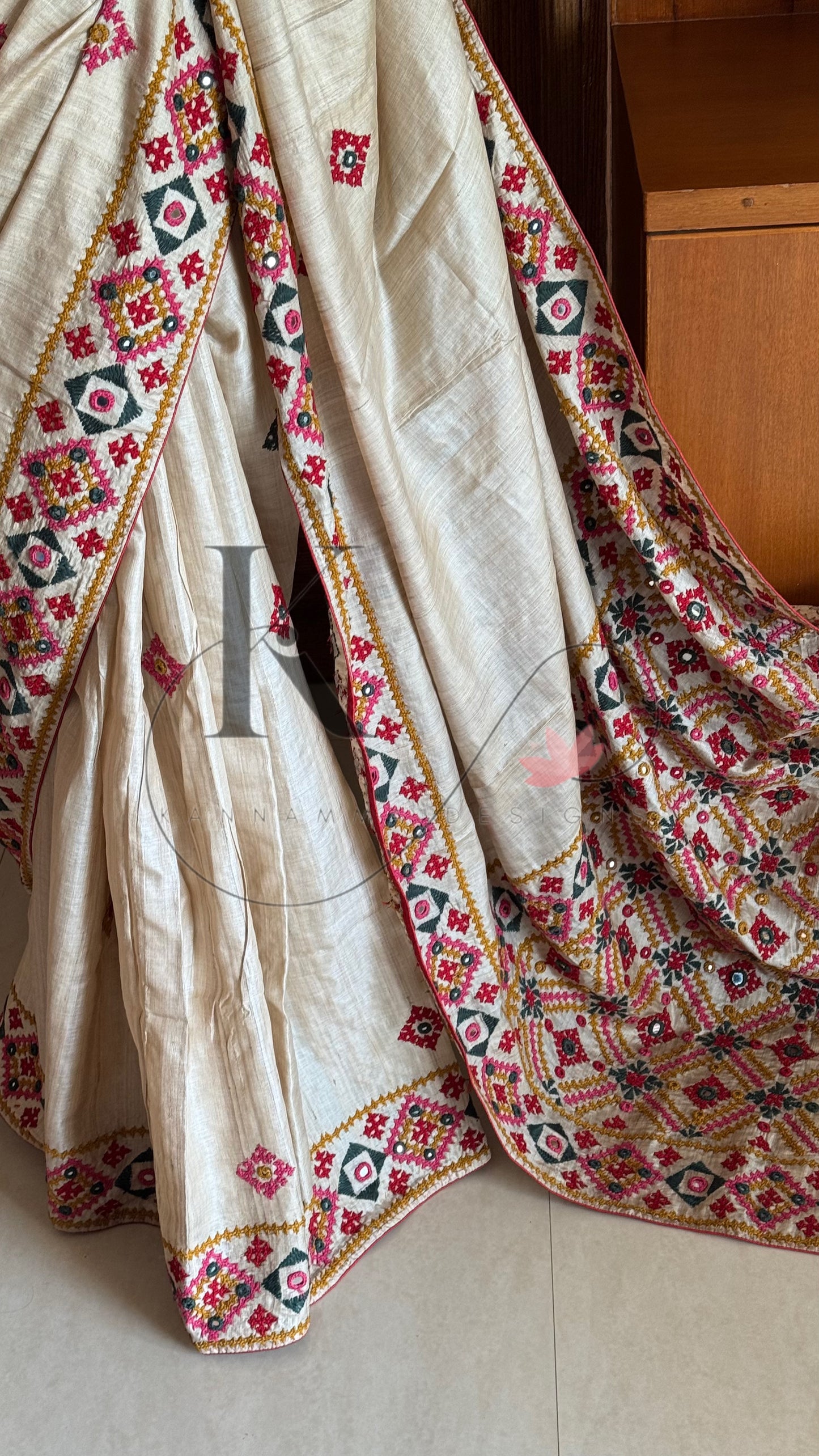 Kutch Embroidery with real mirror work Pure Gaji Tussar Silk Saree - Tussar Beige