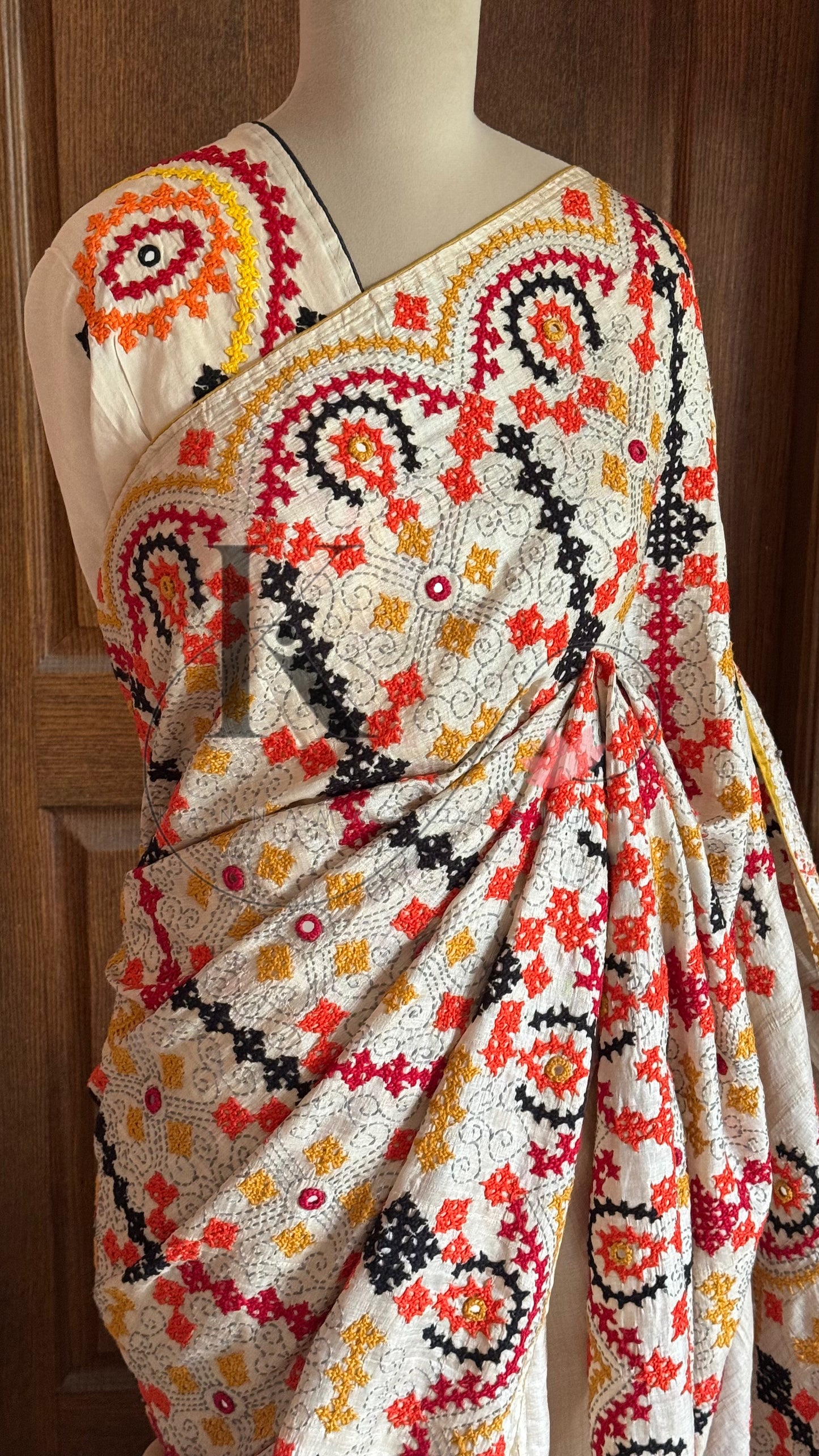 Kutch Embroidery with real mirror work Pure Gaji Tussar Silk Saree - Tussar Beige ,Yellow & Orange