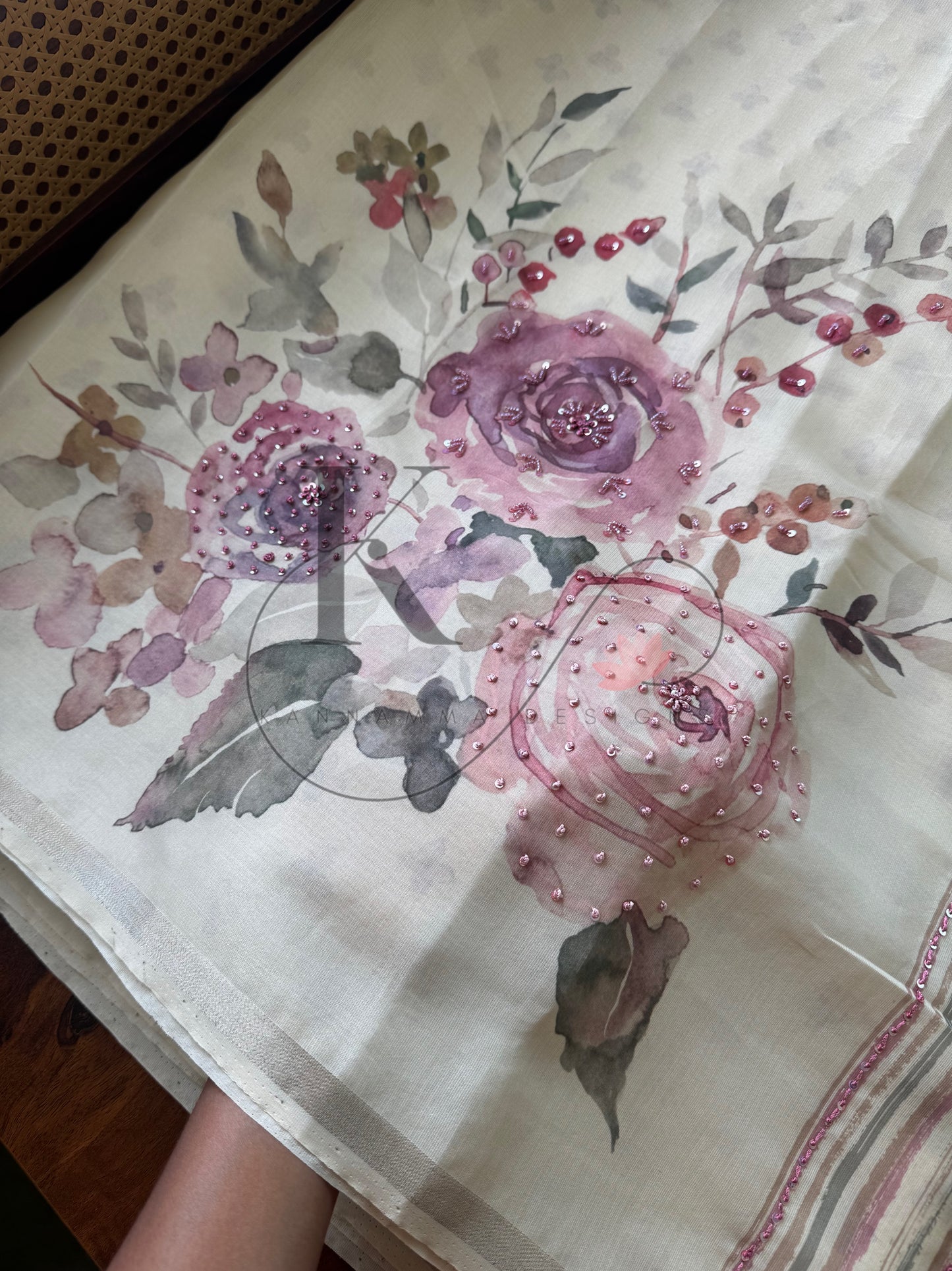 Floral Handwork Linen Chanderi Saree - Half White & Roses