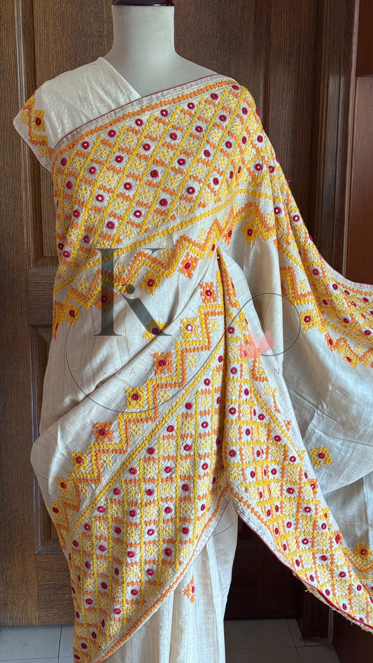 Kutch Embroidery with real mirror work Pure Gaji Tussar Silk Saree - Halfwhite, Yellow & Orange