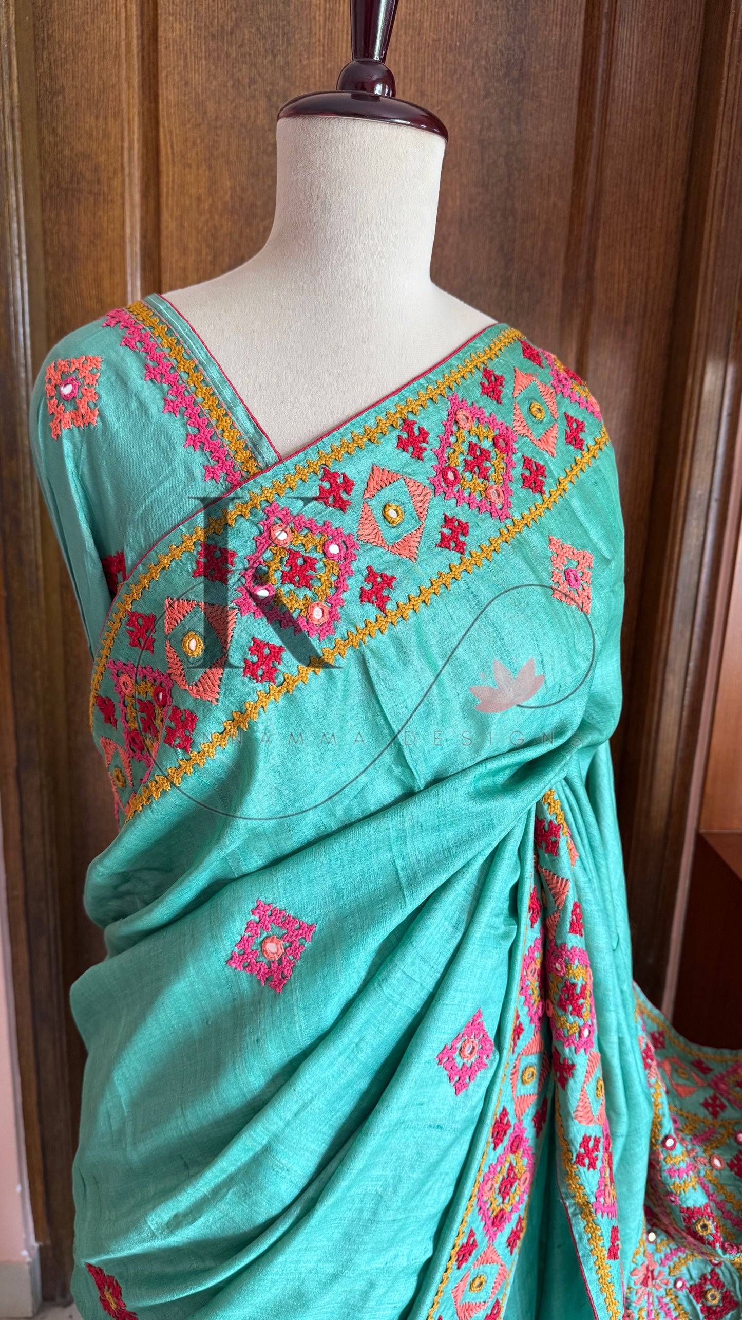 Kutch Embroidery with real mirror work Pure Gaji Tussar Silk Saree - Green