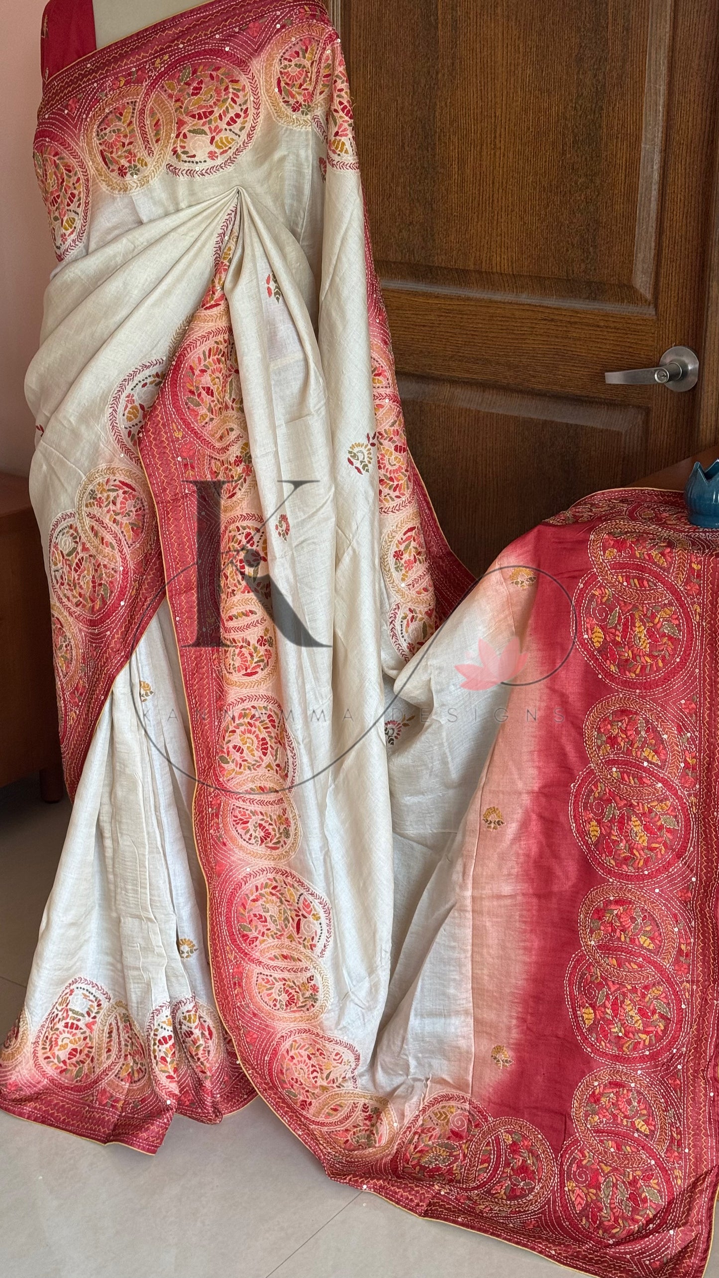 Kathiyawadi Hand Embroidered Pure Gaji Tussar Silk Saree - Halfwhite & Red