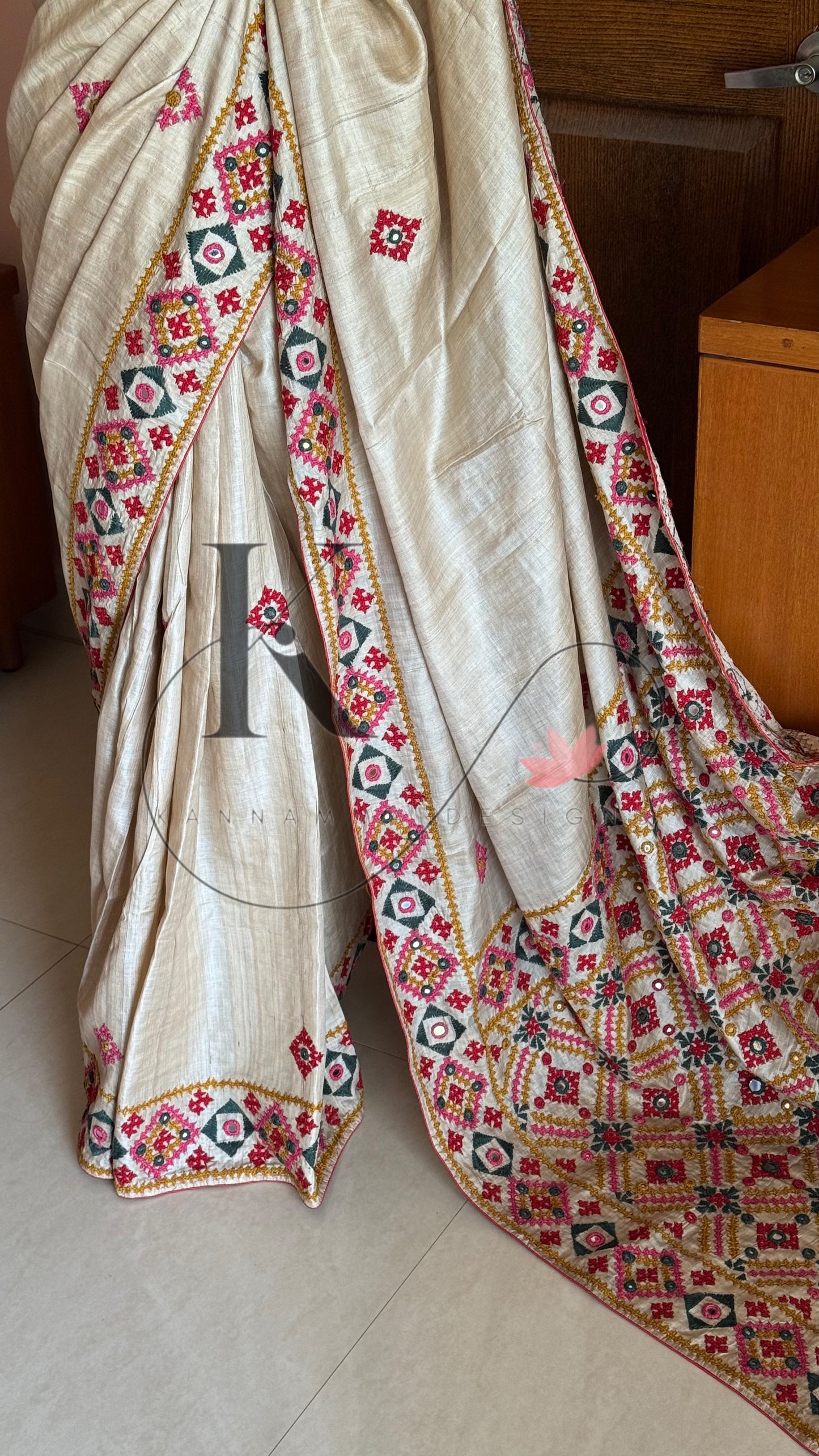 Kutch Embroidery with real mirror work Pure Gaji Tussar Silk Saree - Tussar Beige