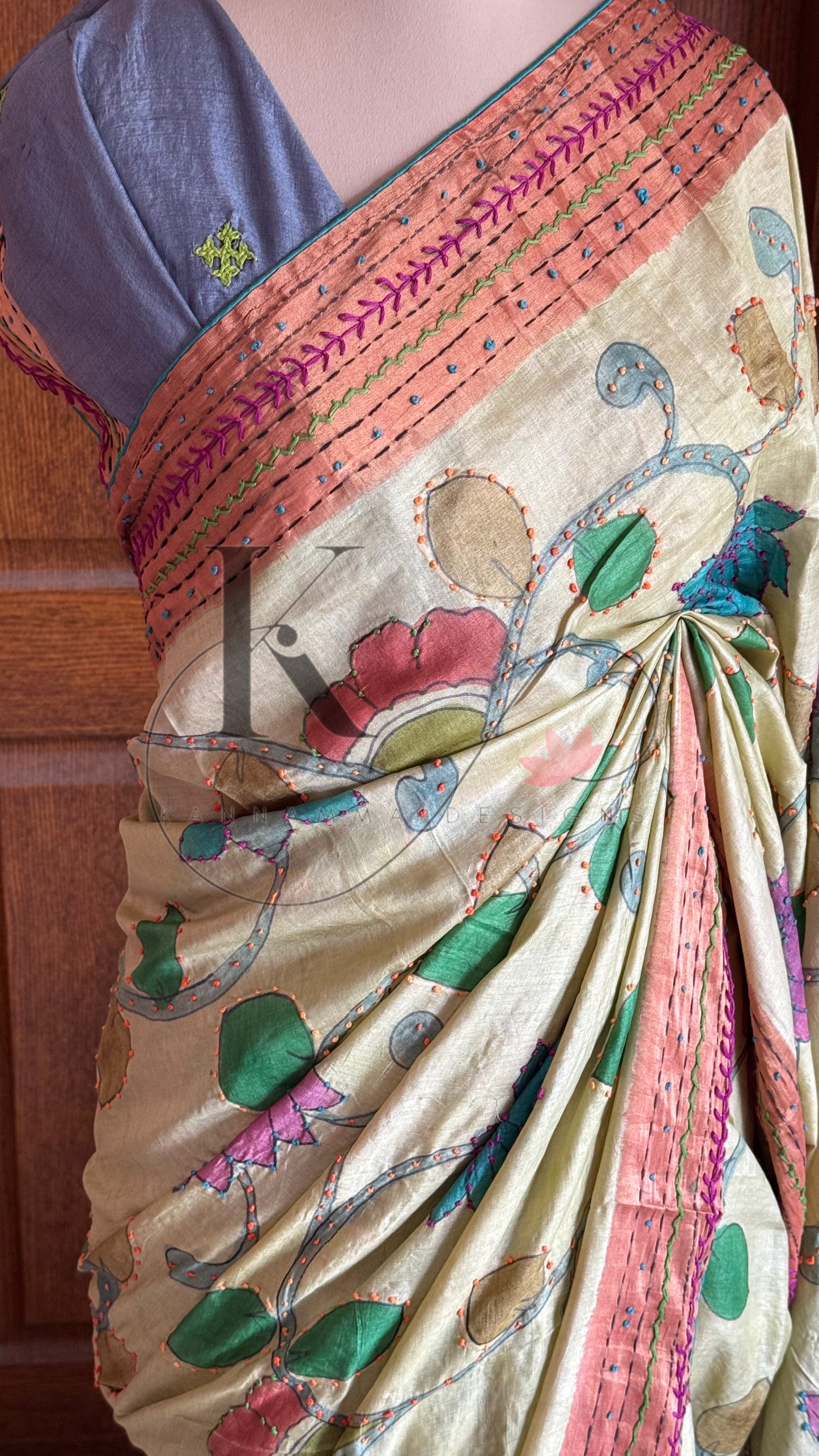 Hand Painted & Hand Embroidered Pure Gaji Tussar Silk Saree - Pastel Green