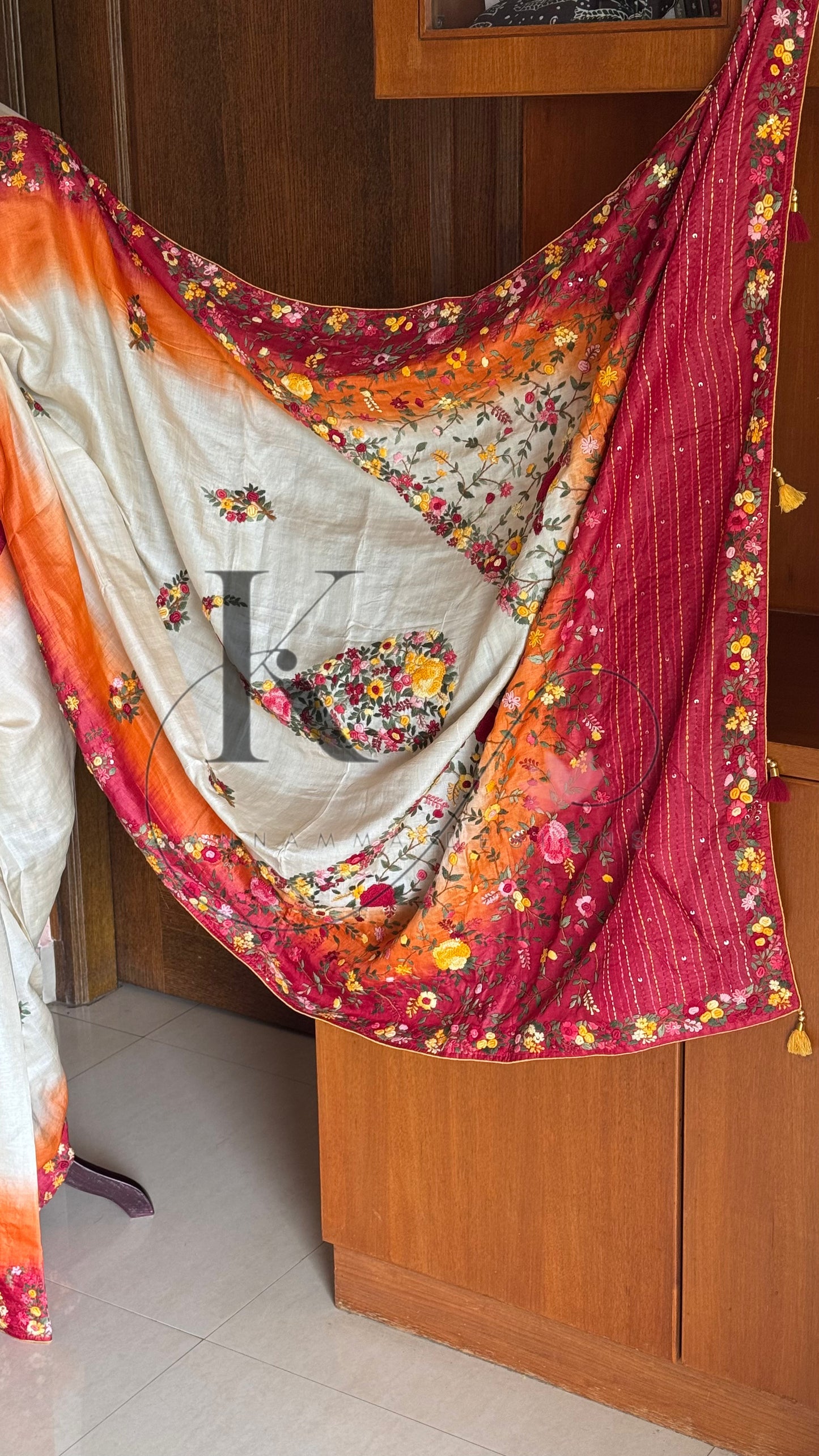 Hand Embroidered Pure Tussar Silk Saree - Halfwhite,Red & Orange