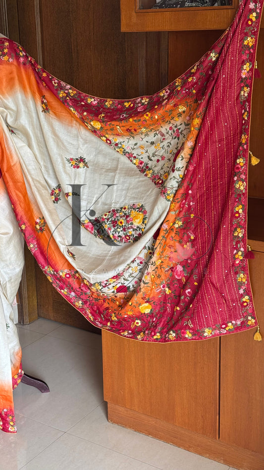 Hand Embroidered Pure Tussar Silk Saree - Halfwhite,Red & Orange