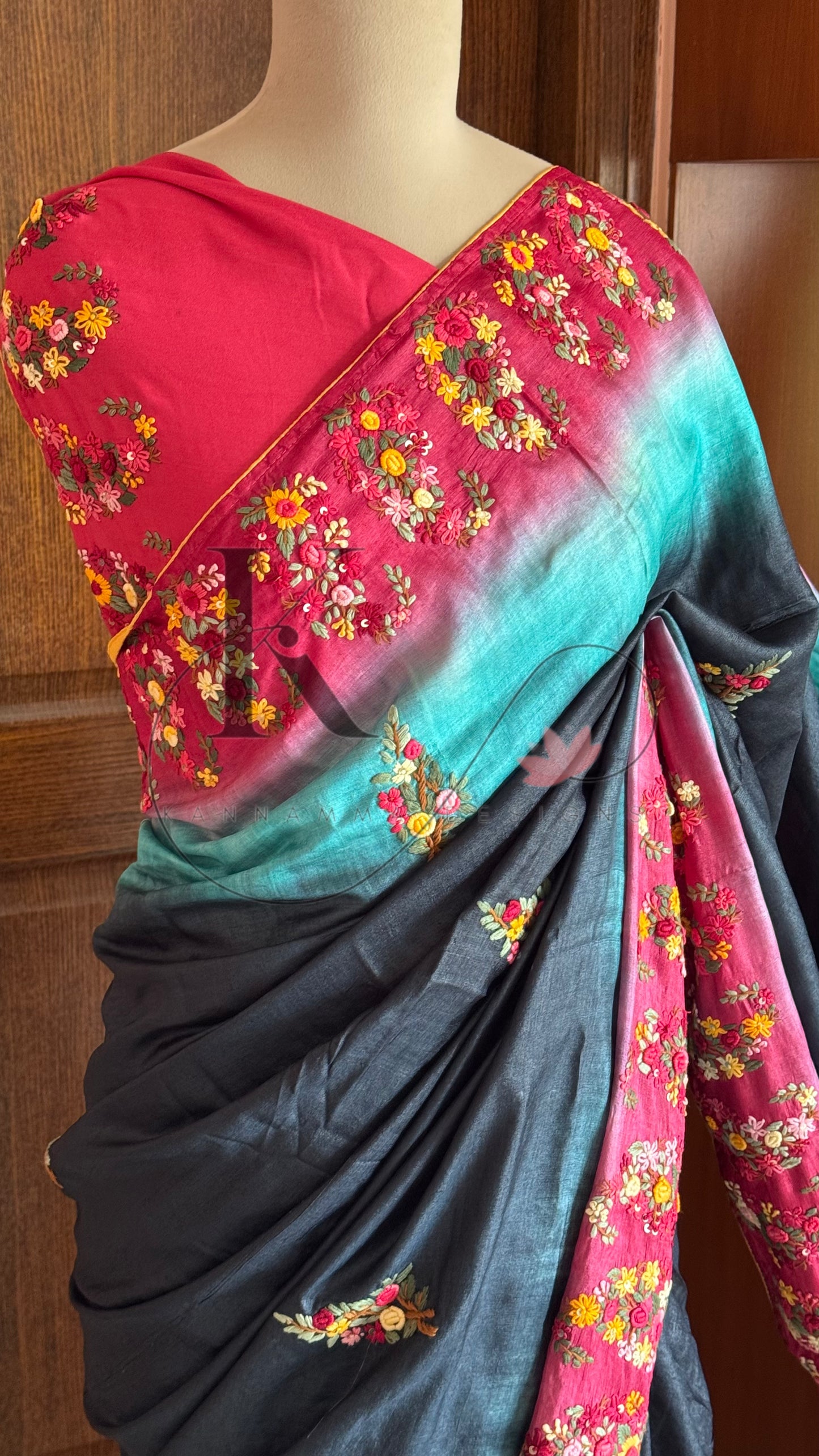 Hand Embroidered Pure Tussar Silk Saree - Black,Red & Blue