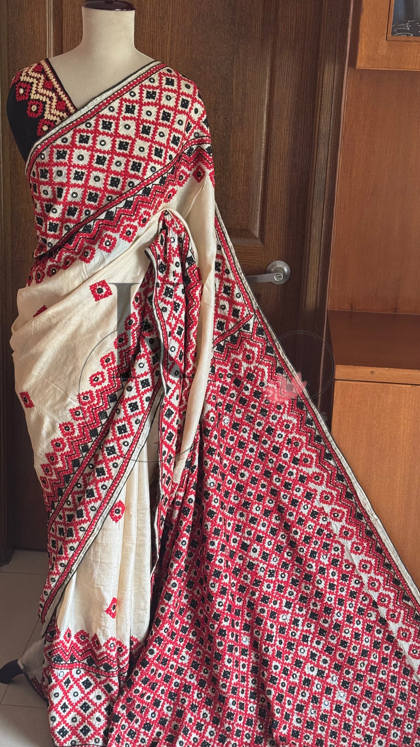 Kutch Embroidery with real mirror work Pure Gaji Tussar silk saree - Halfwhite ,red & black