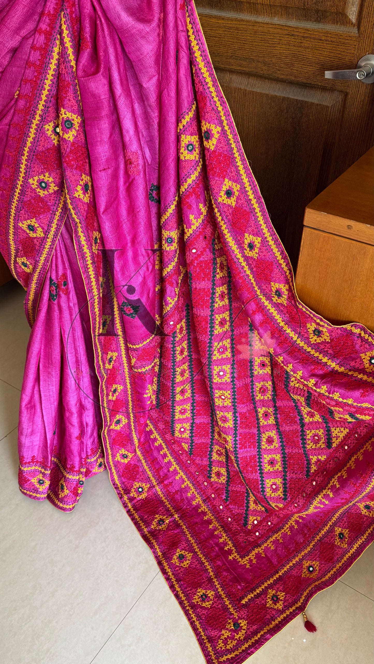 Kutch Embroidery with real mirror work Pure Gaji Tussar - Pink