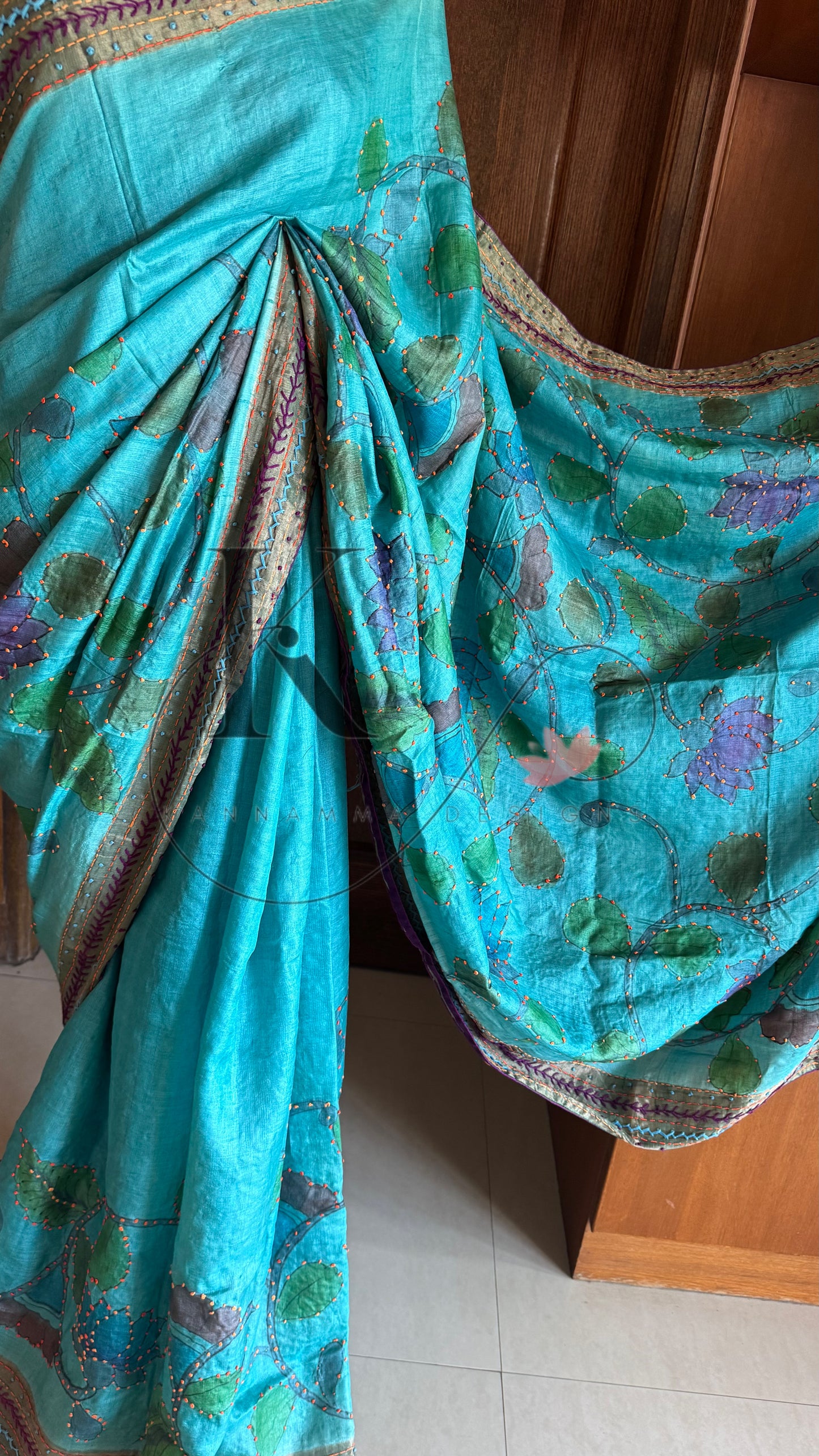 Hand Painted & Hand Embroidered Pure Tussar Silk Saree - Blue