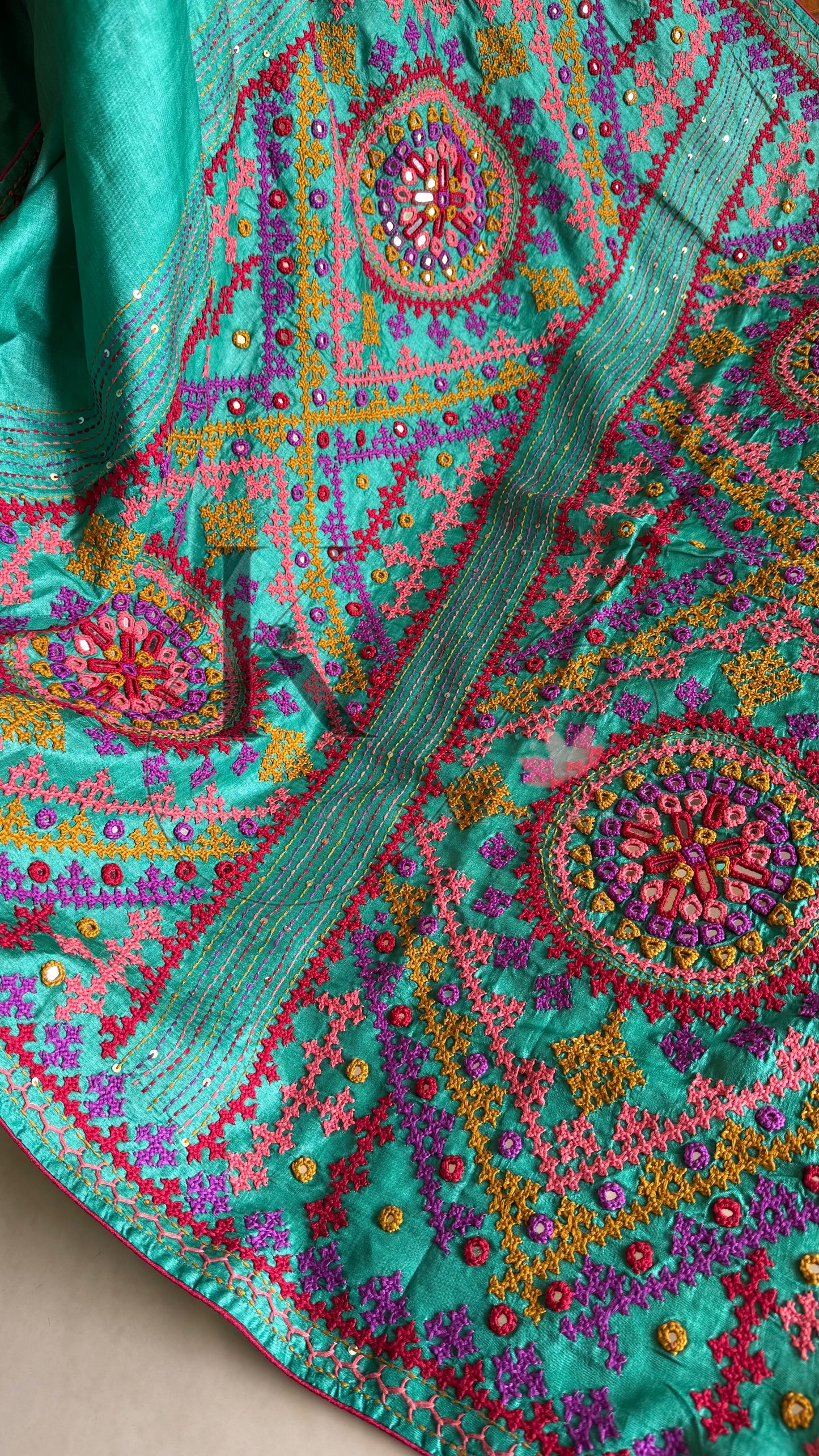 Kutch Embroidery with real mirror work Pure Gaji Tussar Silk Saree - Green