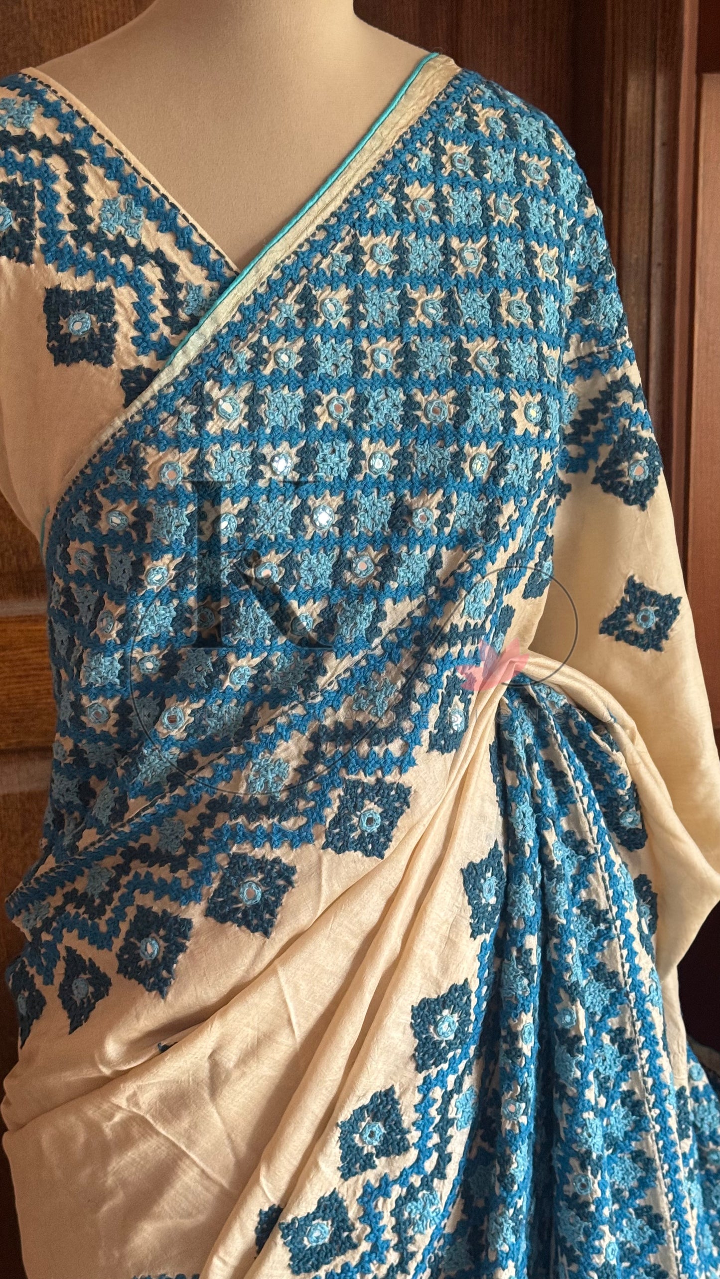 Kutch Embroidery with real mirror work Pure Gaji Tussar Silk Saree - Halfwhite & Blue