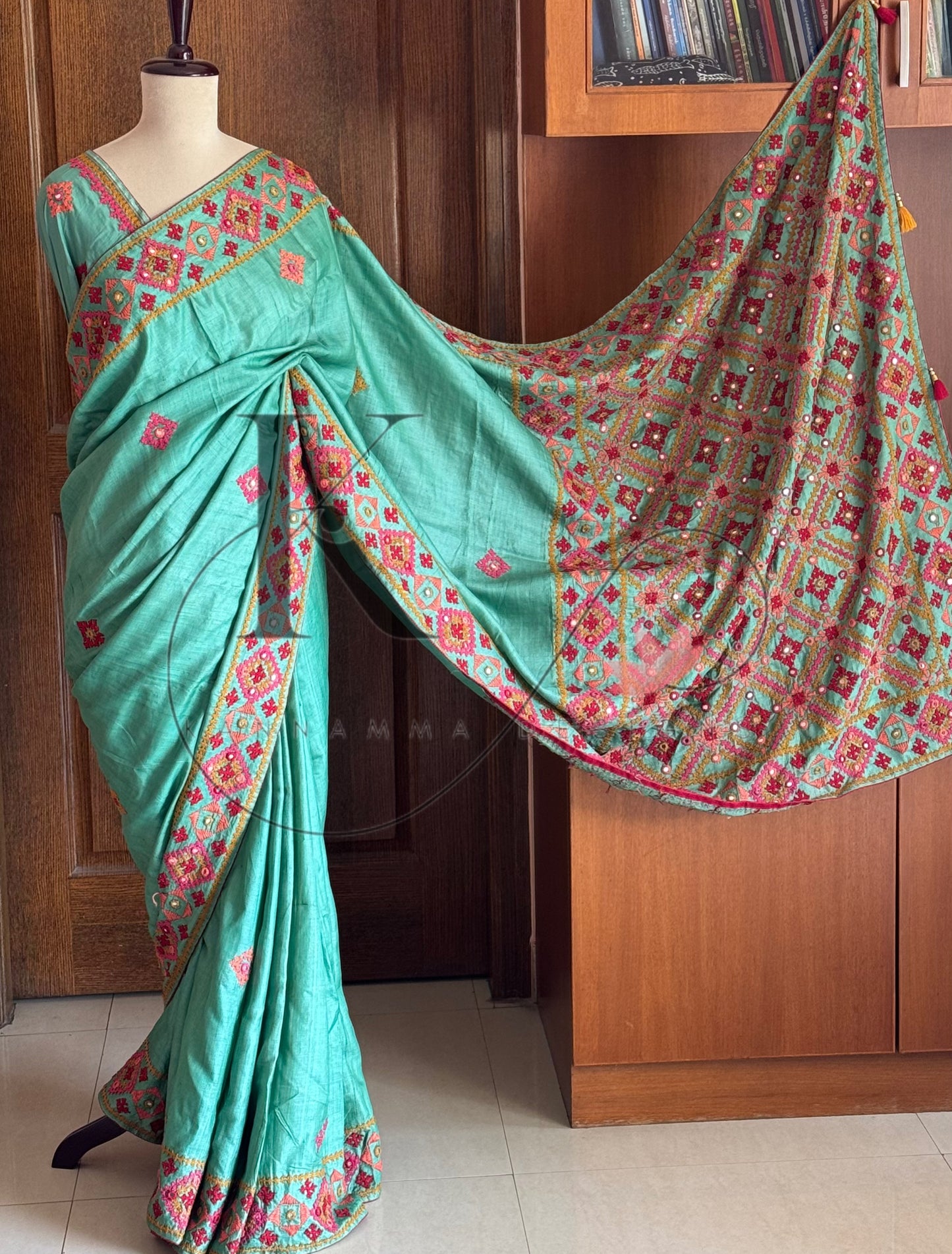 Kutch Embroidery with real mirror work Pure Gaji Tussar Silk Saree - Green